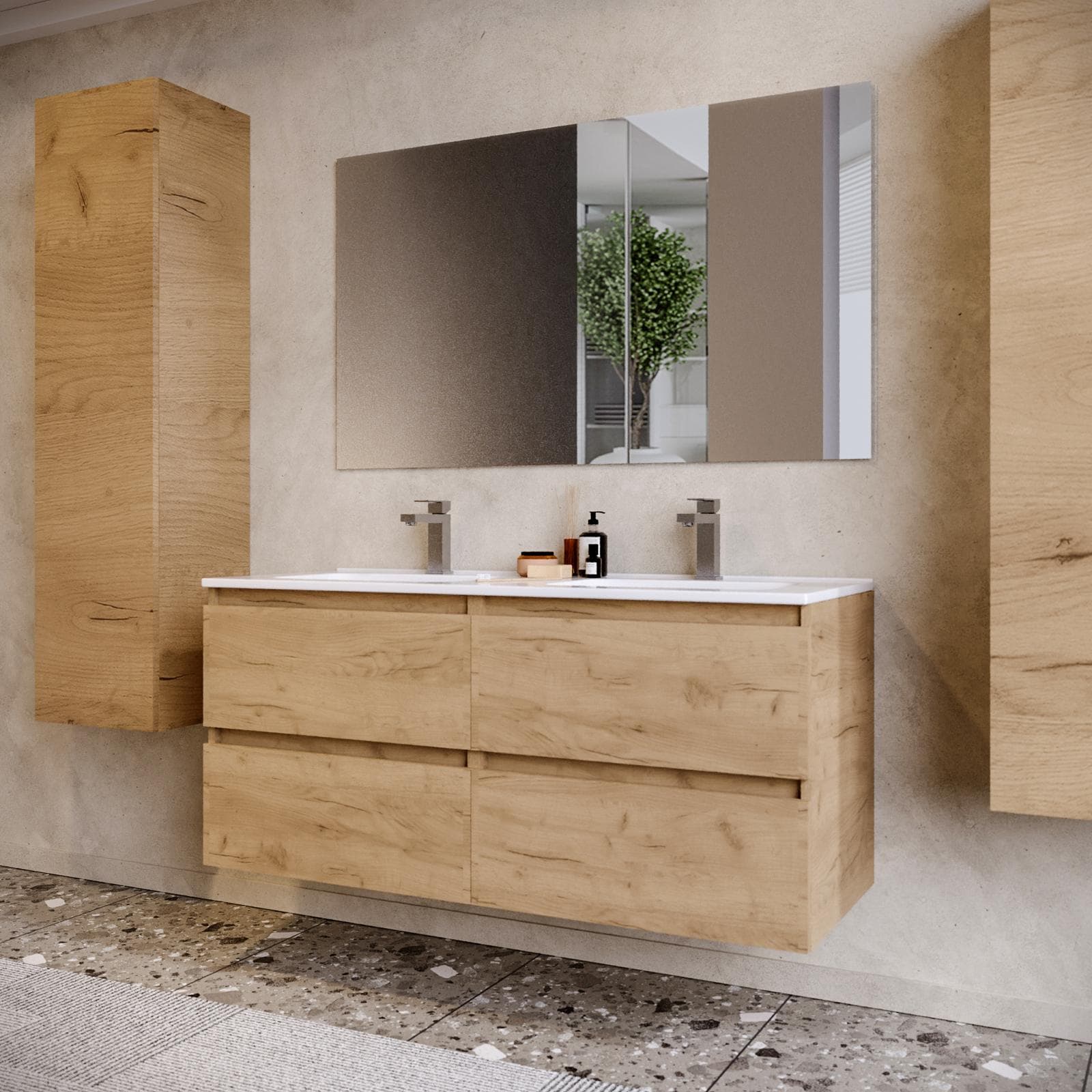 Mobile bagno sospeso 120 cm rovere africa con doppia vasca e specchio - Anami