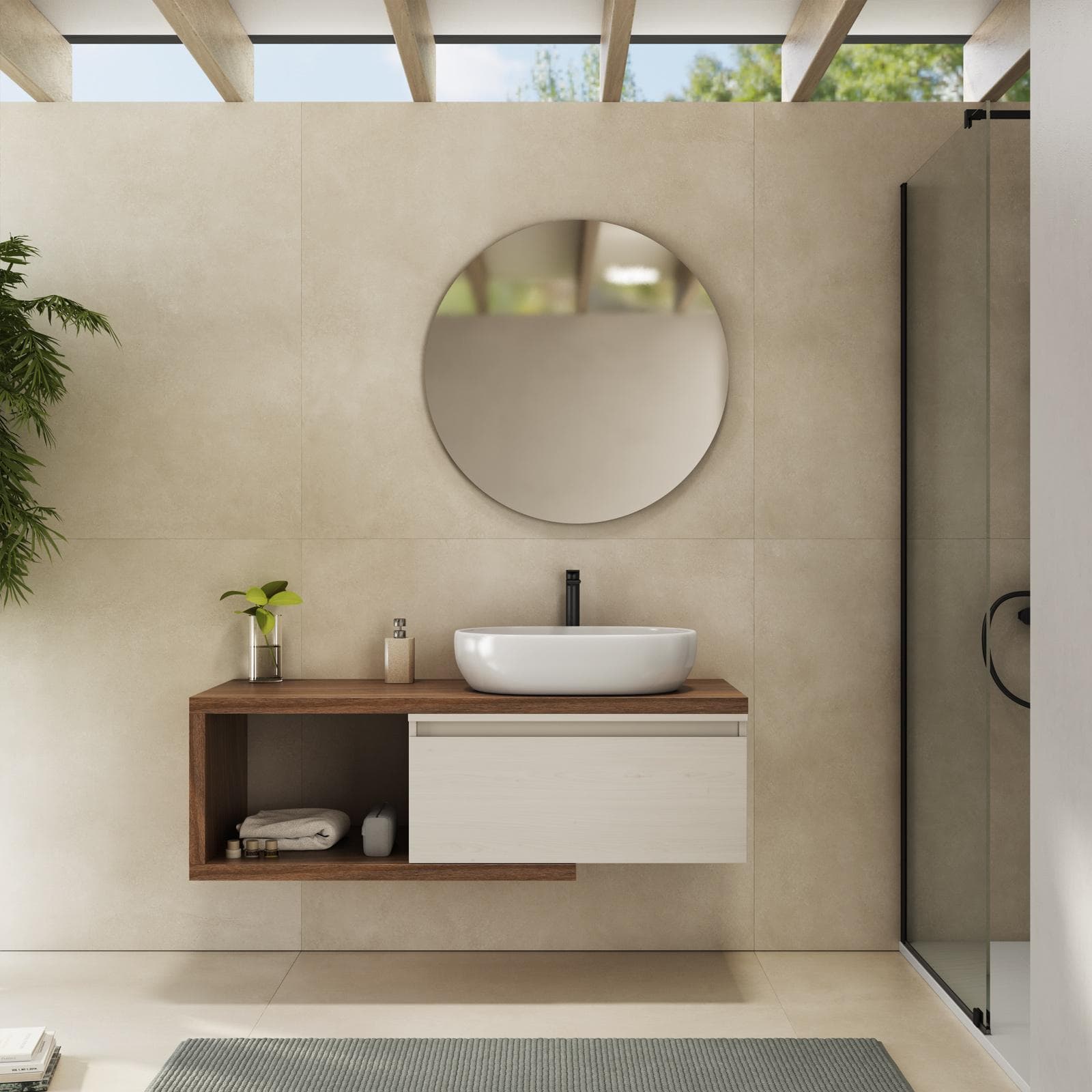 Mobile bagno sospeso 120 cm rovere deciso con cassettone rovere bianco e specchio - Balik