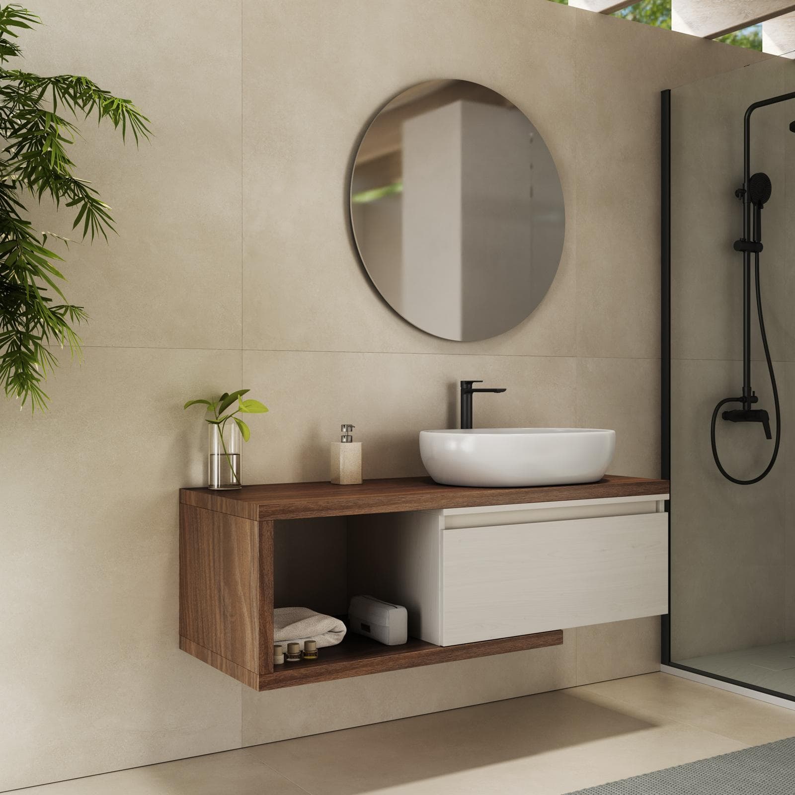 Mobile bagno sospeso 120 cm rovere deciso con cassettone rovere bianco e specchio - Balik