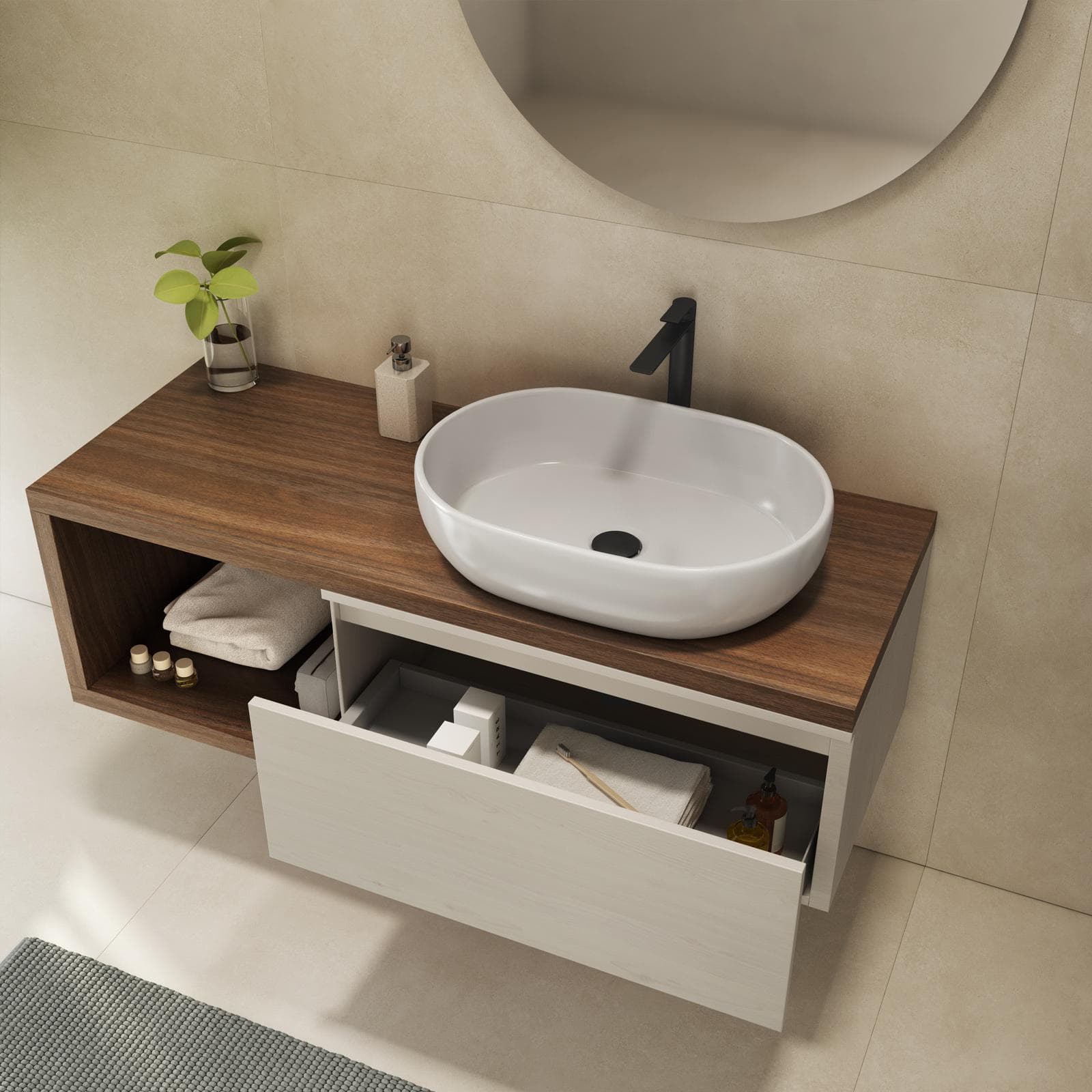 Mobile bagno sospeso 120 cm rovere deciso con cassettone rovere bianco e specchio - Balik
