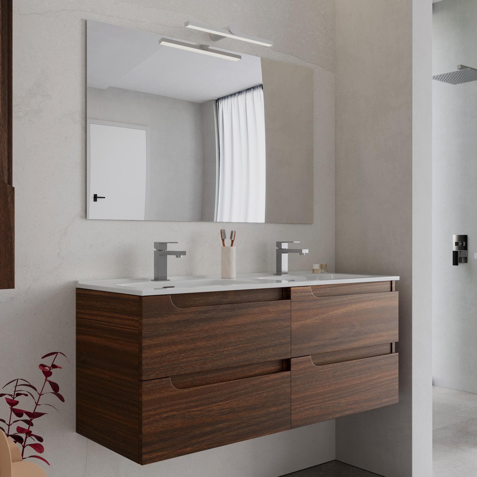 Mobile bagno sospeso 120 cm rovere deciso con lavabo doppia vasca e specchio - Agave Plus
