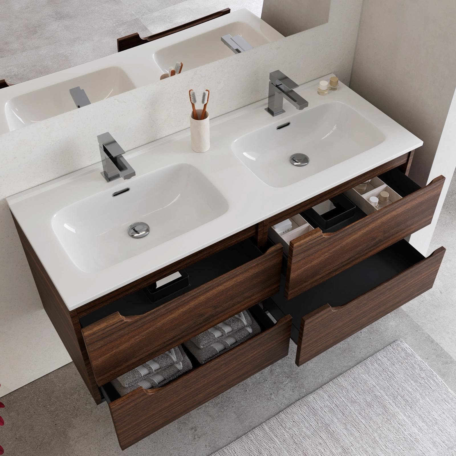 Mobile bagno sospeso 120 cm rovere deciso con lavabo doppia vasca e specchio - Agave Plus