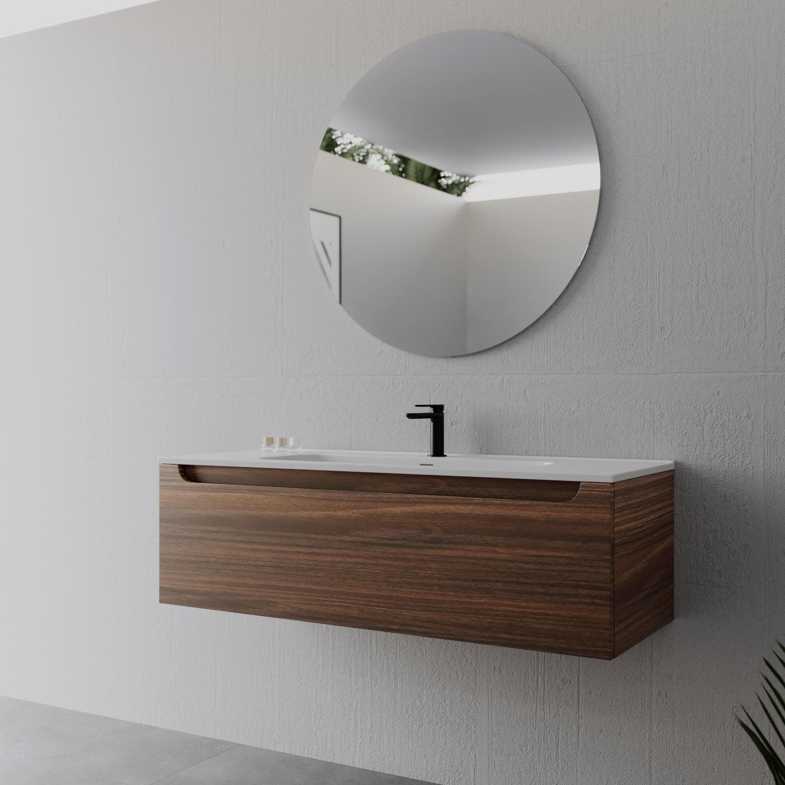 Mobile bagno sospeso 120 cm rovere deciso con lavabo integrato e specchio - Sleek