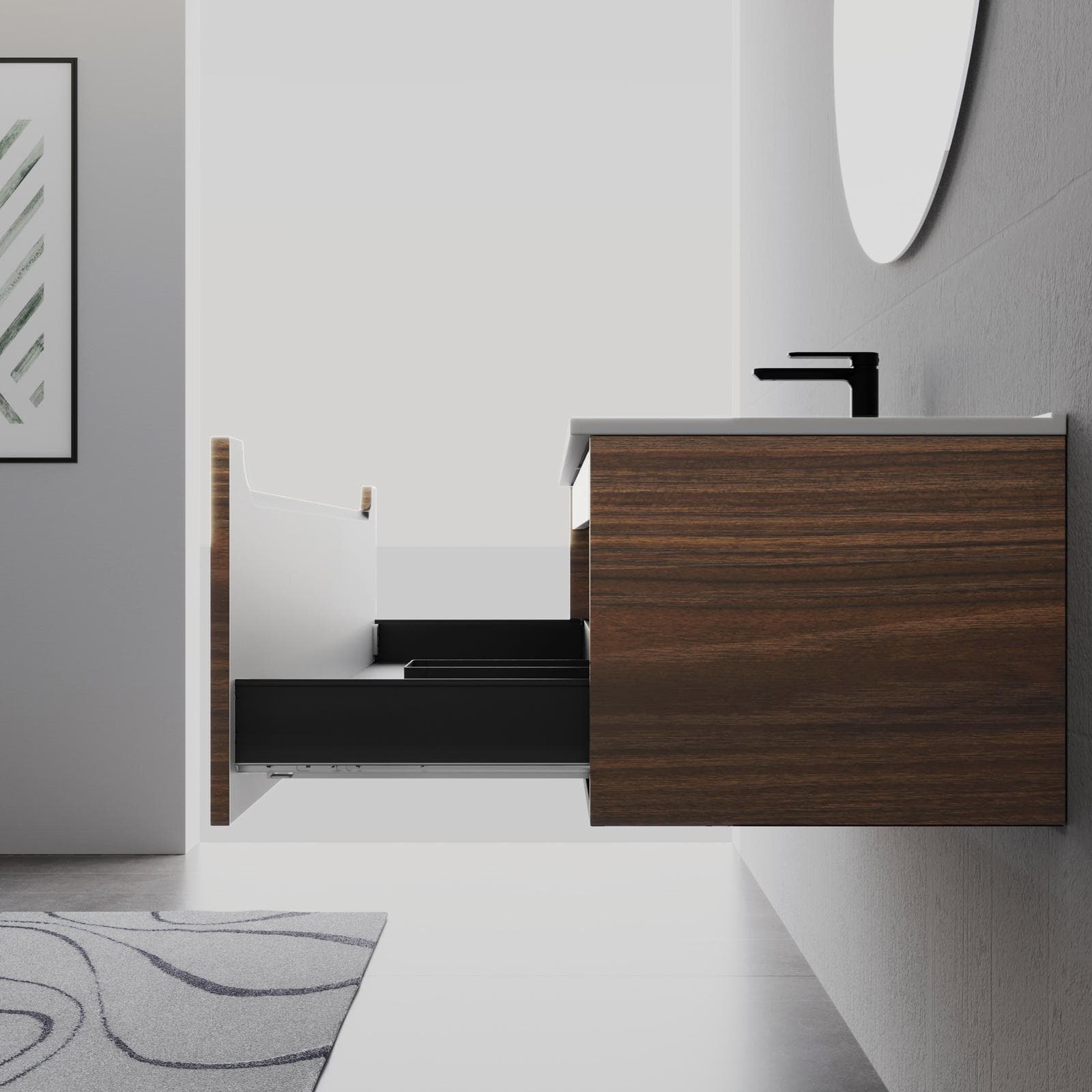 Mobile bagno sospeso 120 cm rovere deciso con lavabo integrato e specchio - Sleek