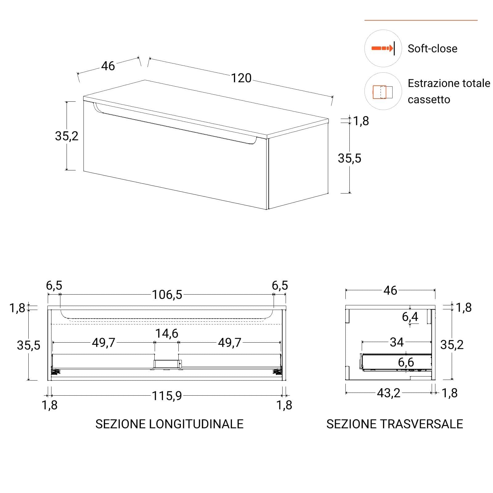 Mobile bagno sospeso 120 cm rovere deciso con top e specchio - Sleek