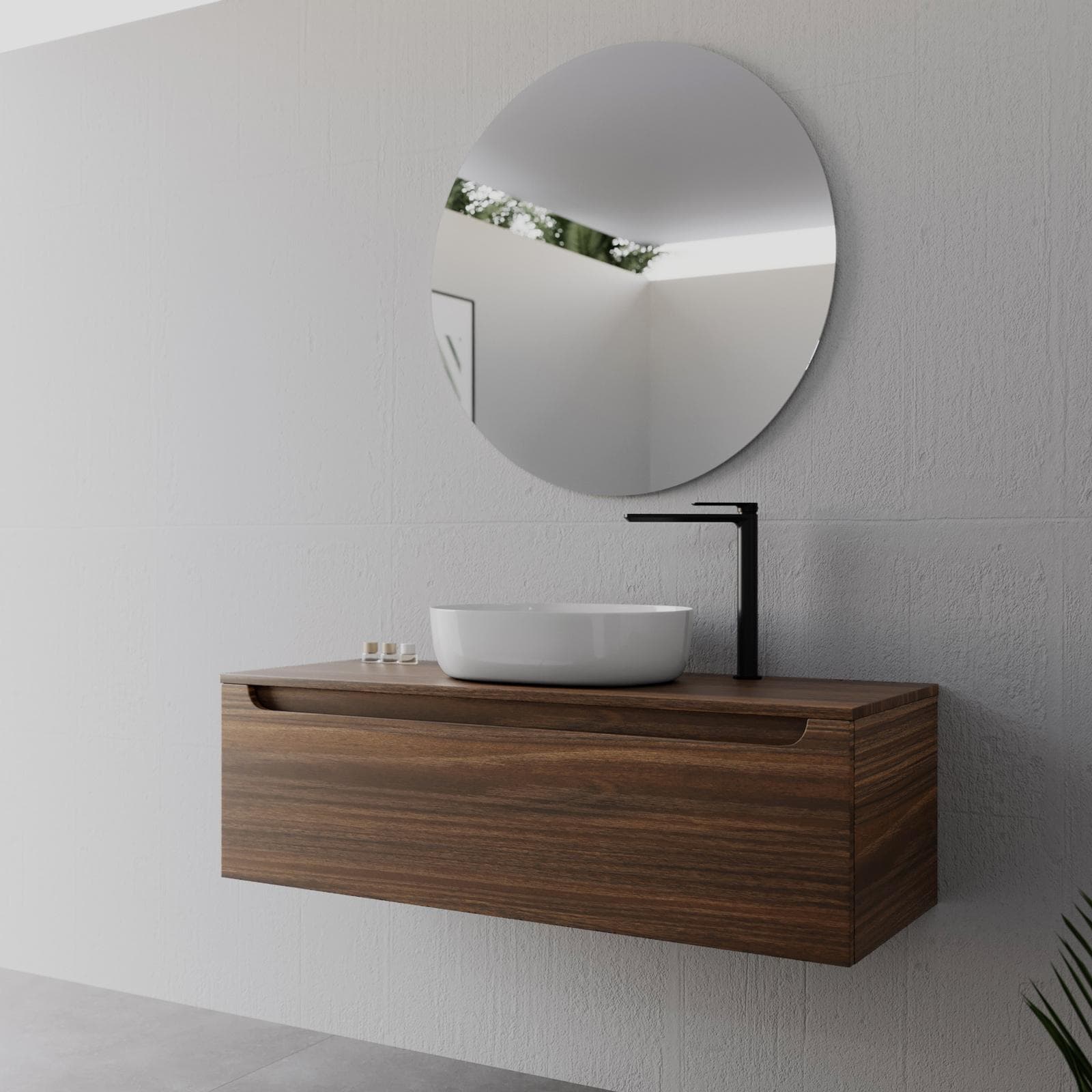 Mobile bagno sospeso 120 cm rovere deciso con top e specchio - Sleek
