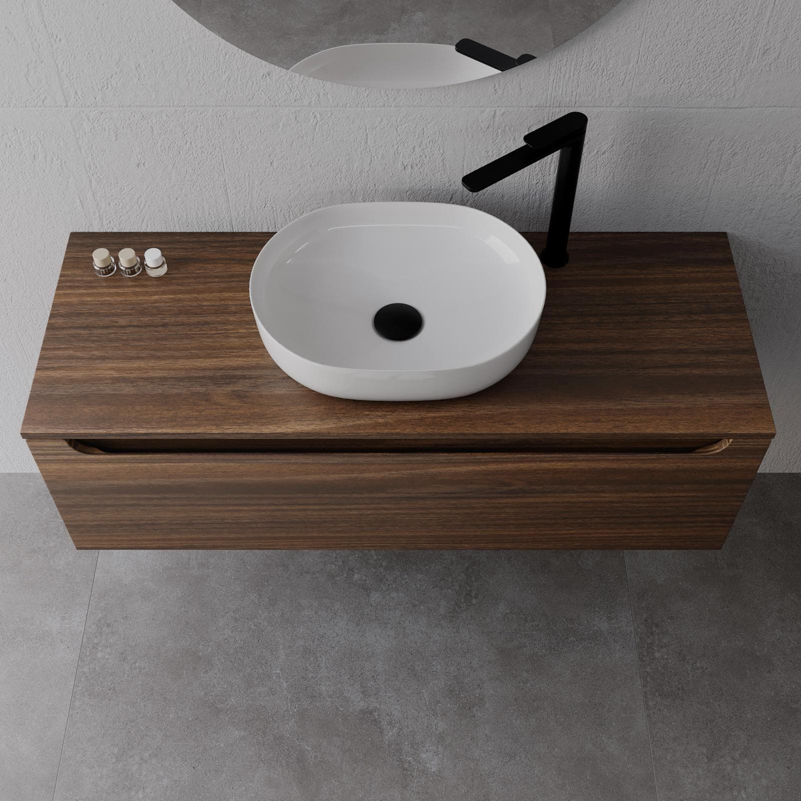 Mobile bagno sospeso 120 cm rovere deciso con top e specchio - Sleek