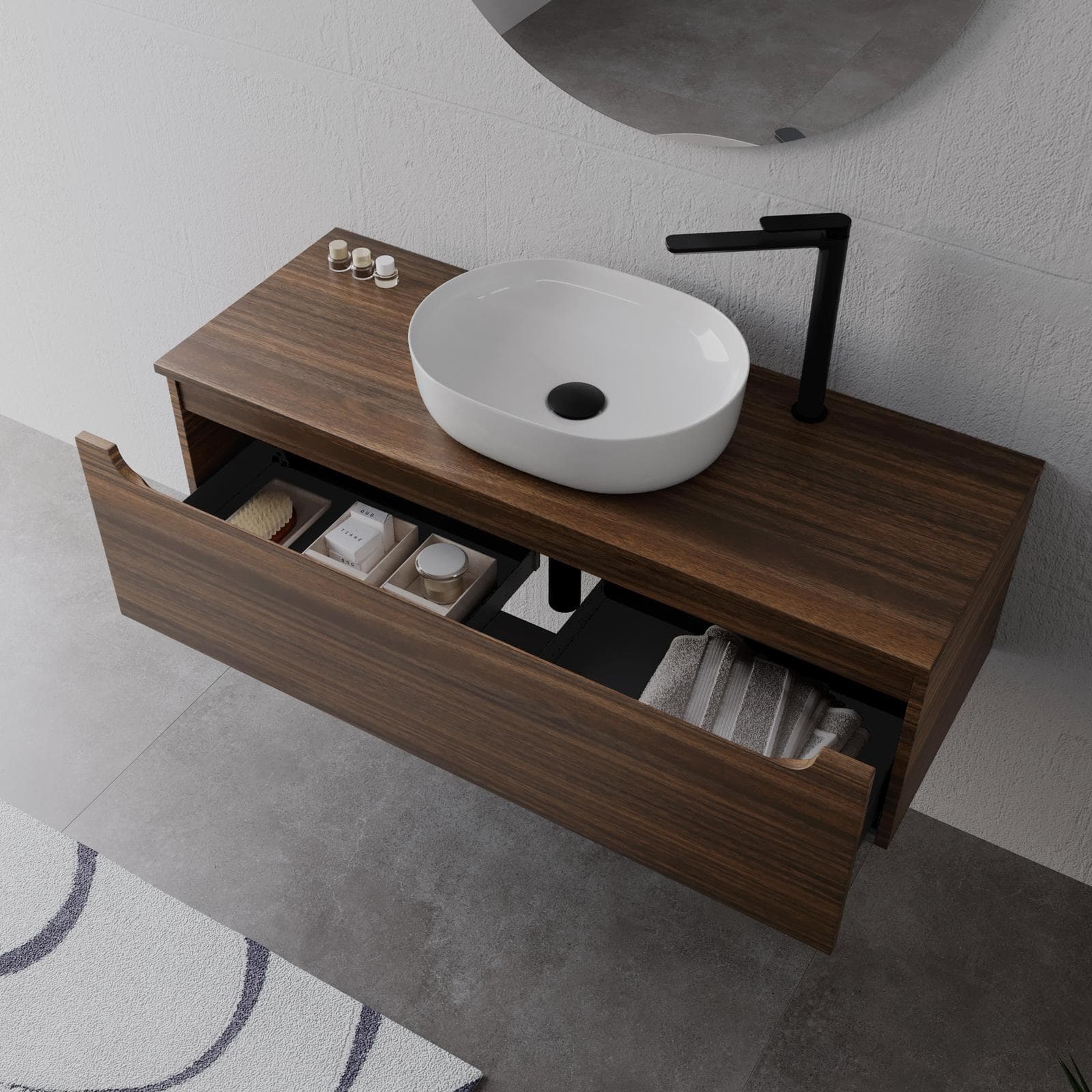 Mobile bagno sospeso 120 cm rovere deciso con top e specchio - Sleek