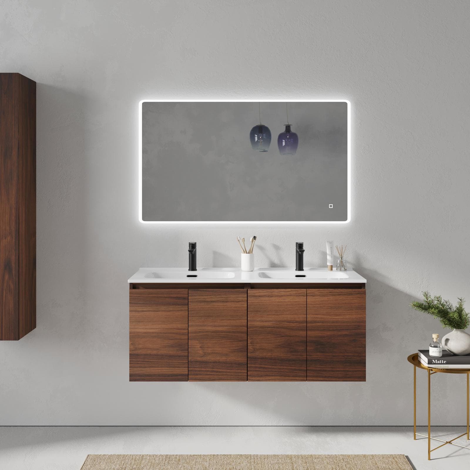 Mobile bagno sospeso 120 cm rovere deciso opaco con lavabo doppia vasca e specchio - Cuki