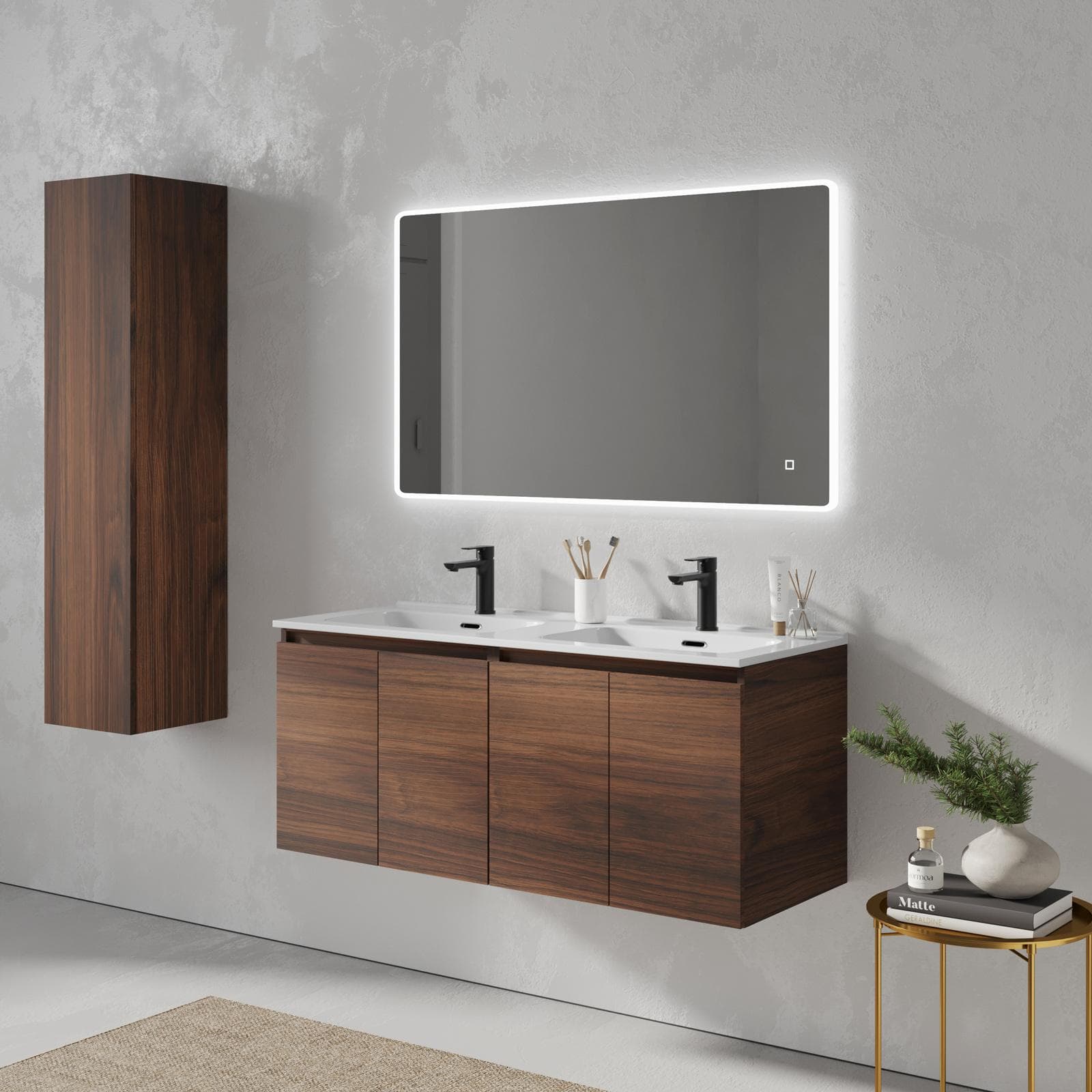 Mobile bagno sospeso 120 cm rovere deciso opaco con lavabo doppia vasca e specchio - Cuki