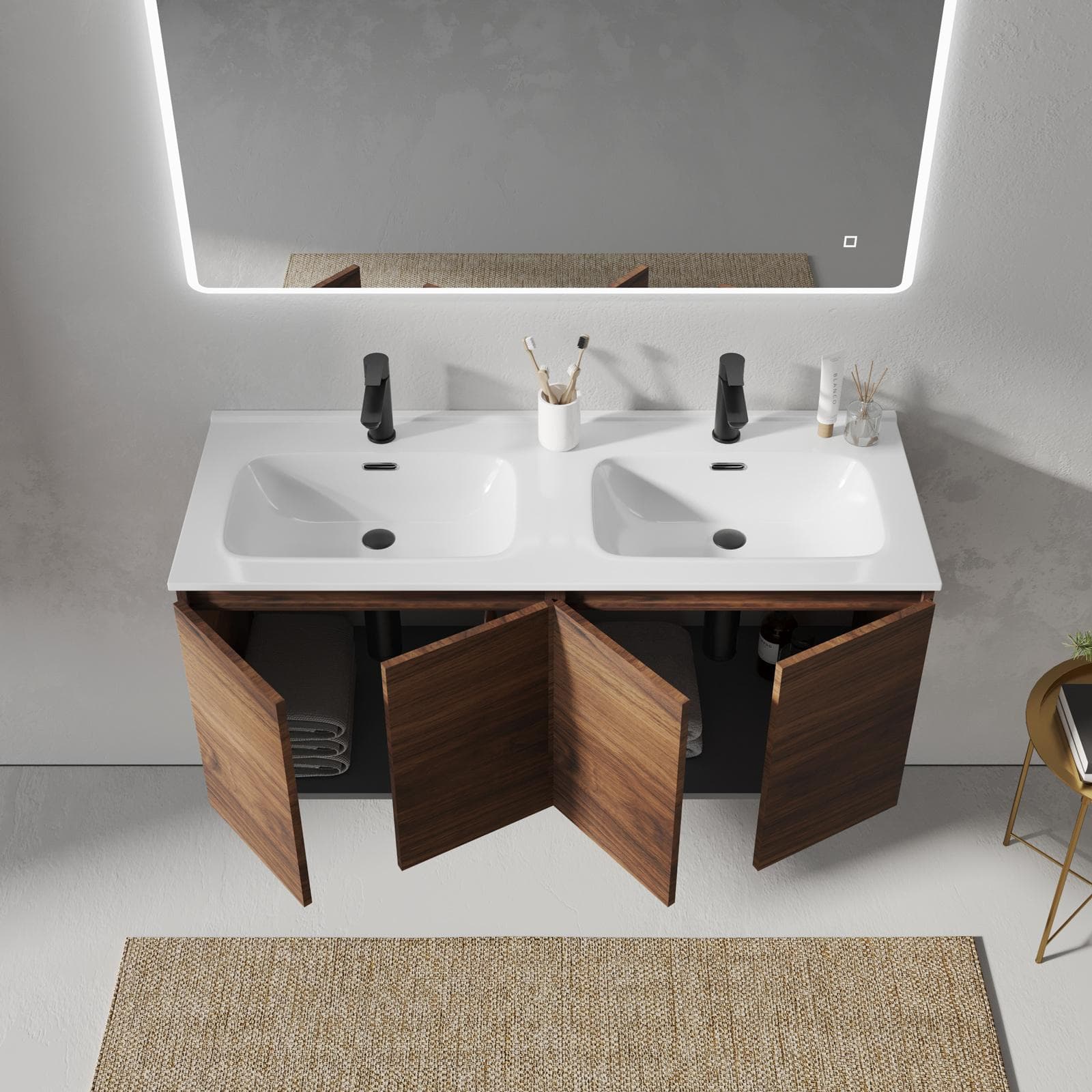 Mobile bagno sospeso 120 cm rovere deciso opaco con lavabo doppia vasca e specchio - Cuki