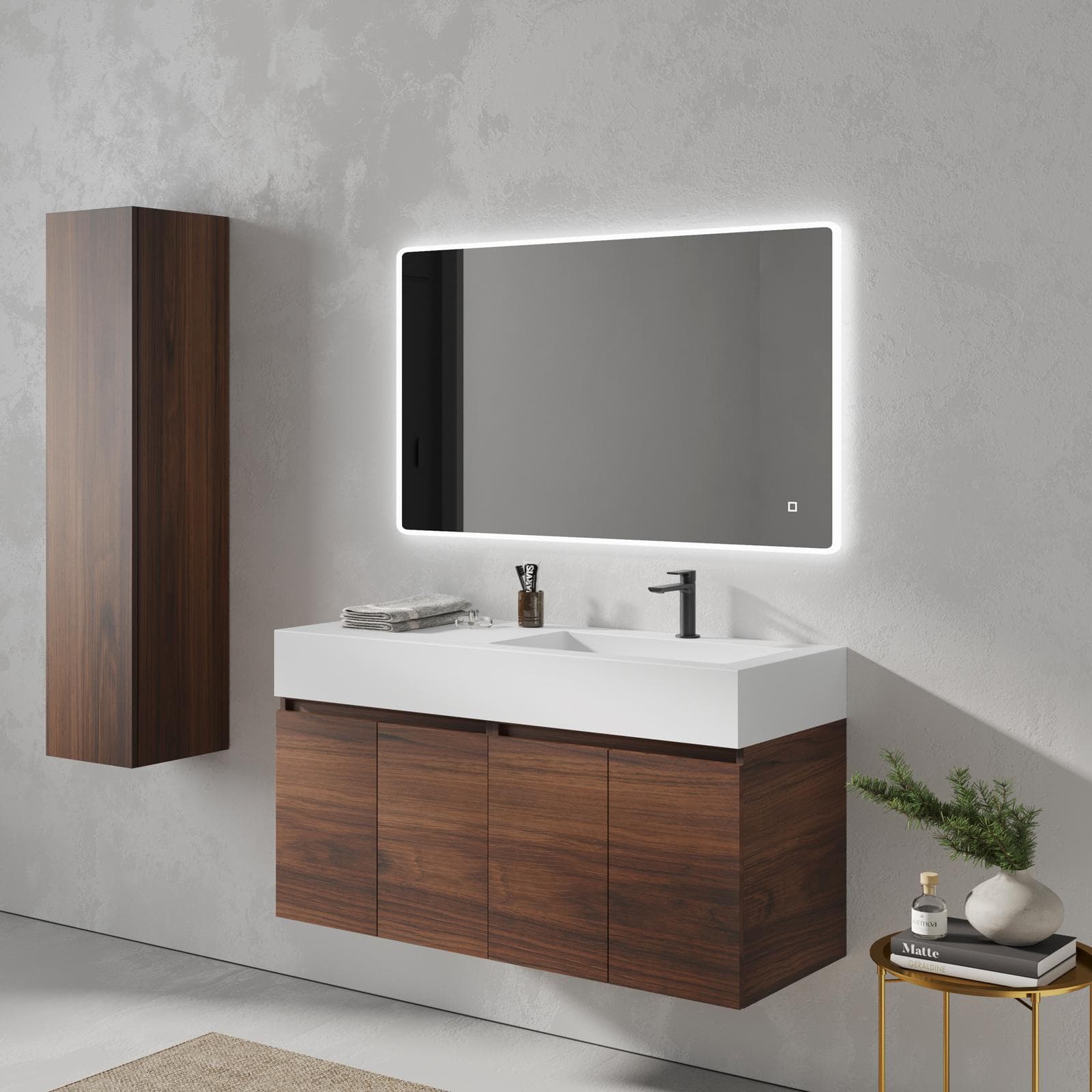 Mobile bagno sospeso 120 cm rovere deciso opaco con lavabo dx e specchio - Cuki