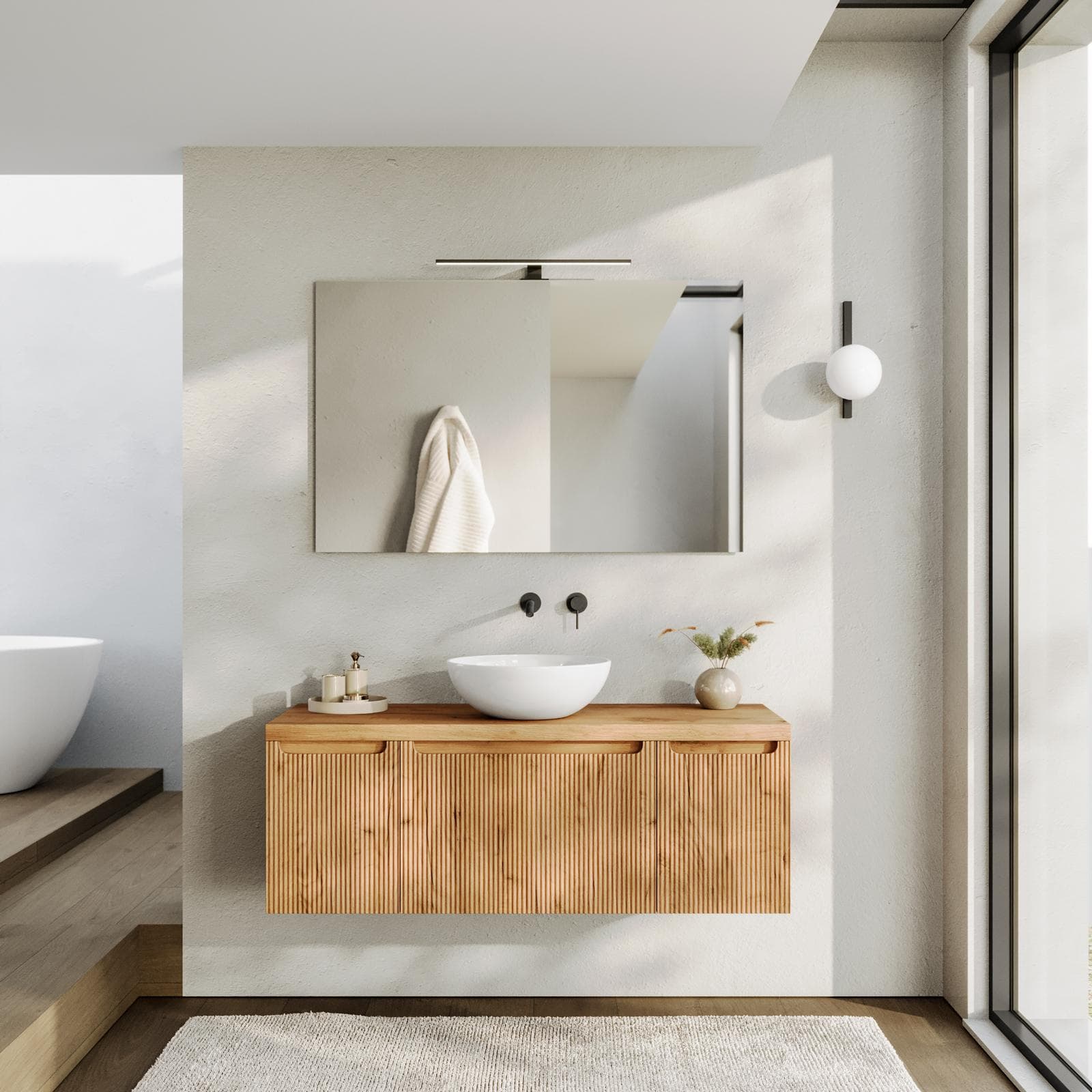Mobile bagno sospeso 120 cm rovere gold cannettato e top con specchio - Konai
