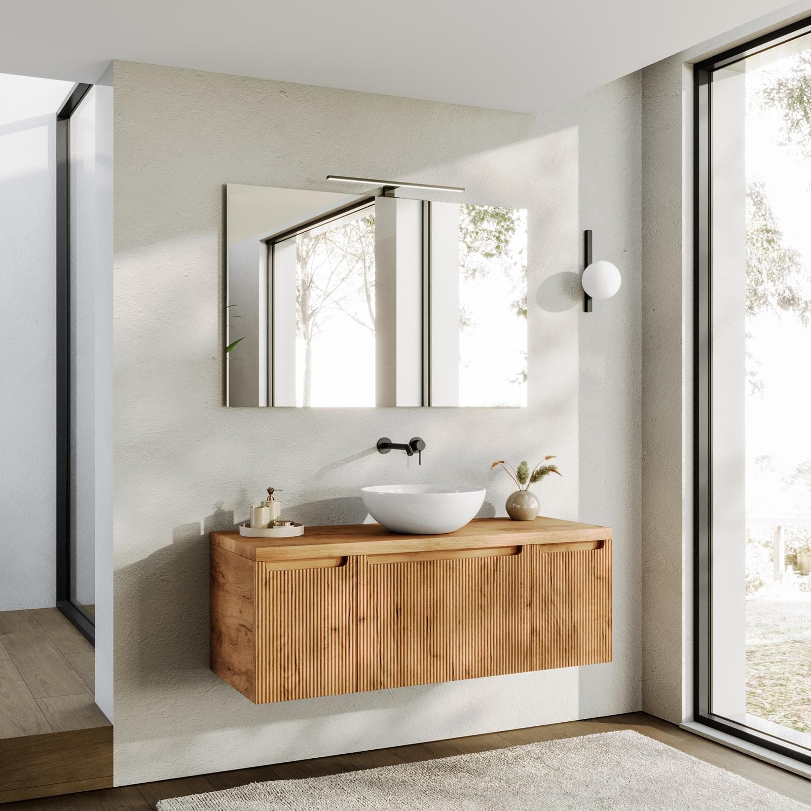 Mobile bagno sospeso 120 cm rovere gold cannettato e top con specchio - Konai
