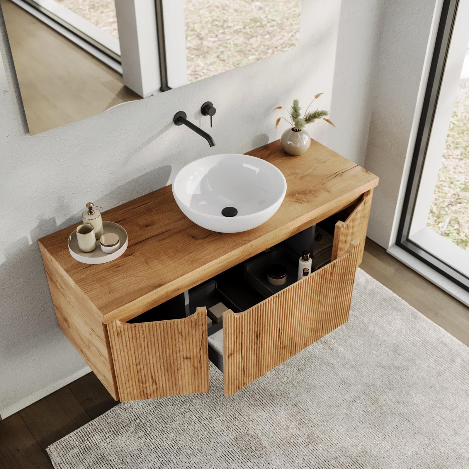 Mobile bagno sospeso 120 cm rovere gold cannettato e top con specchio - Konai