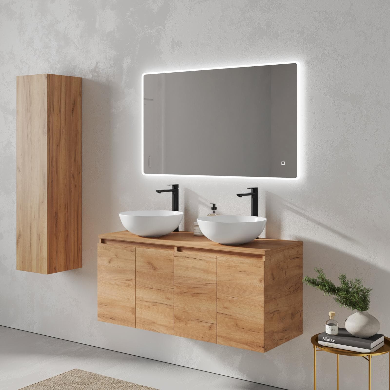 Mobile bagno sospeso 120 cm rovere gold con ante e top con specchio - Cuki