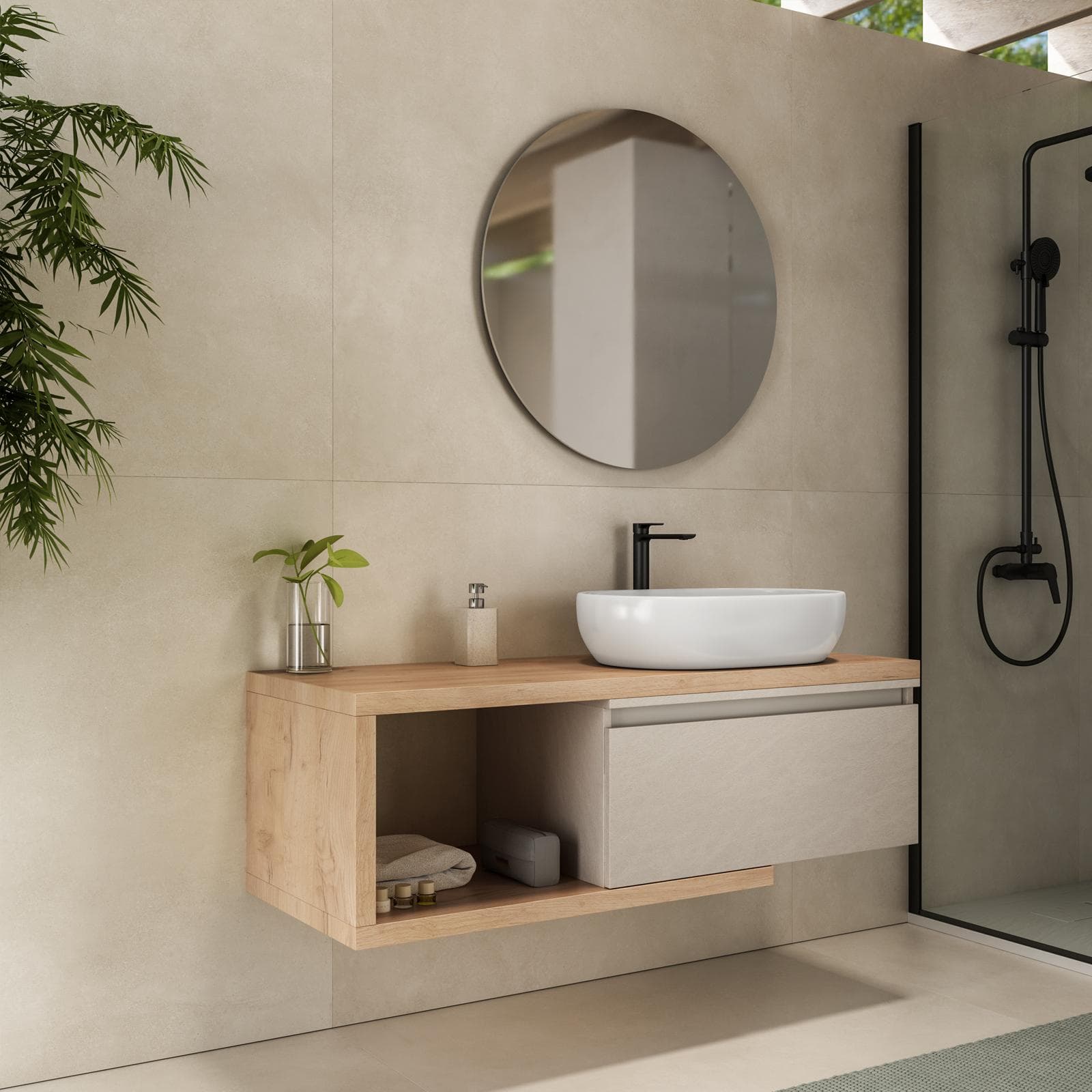 Mobile bagno sospeso 120 cm rovere gold con cassettone argilla e specchio - Balik