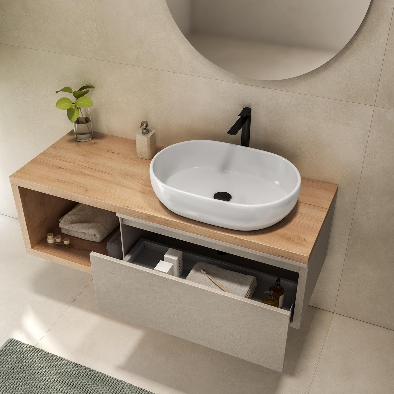 Mobile bagno sospeso 120 cm rovere gold con cassettone argilla e specchio - Balik