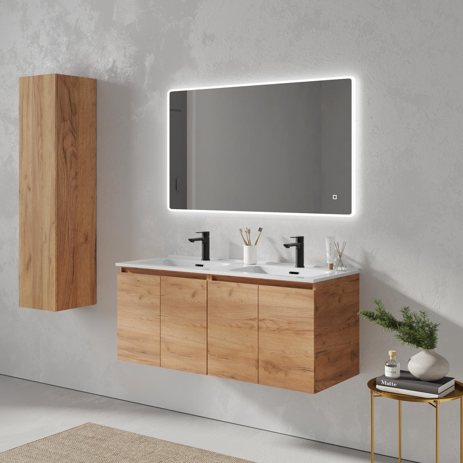 Mobile bagno sospeso 120 cm rovere gold con lavabo doppia vasca e specchio - Cuki