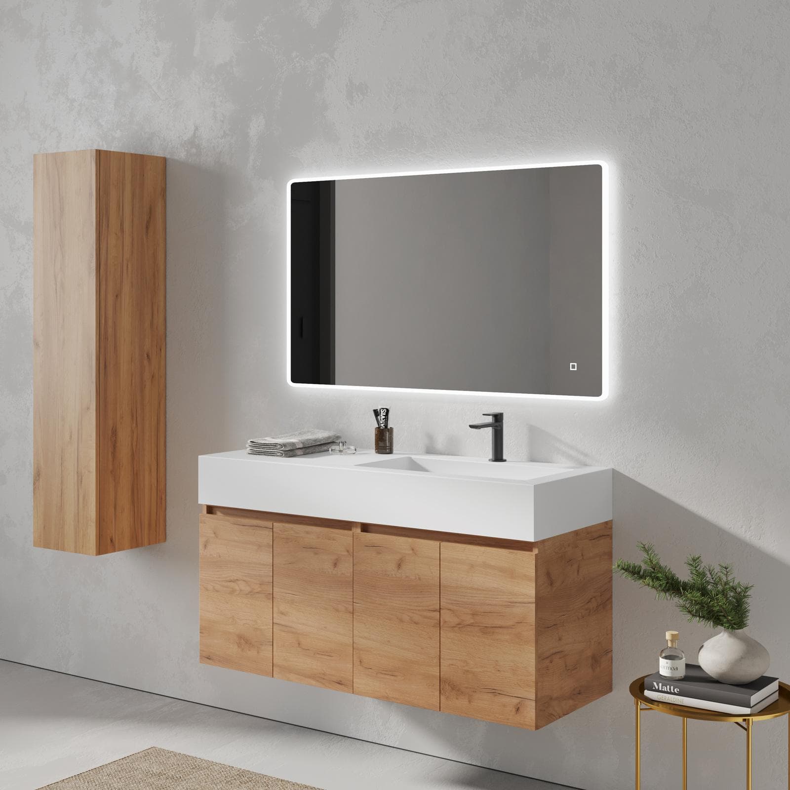 Mobile bagno sospeso 120 cm rovere gold con lavabo dx e specchio - Cuki
