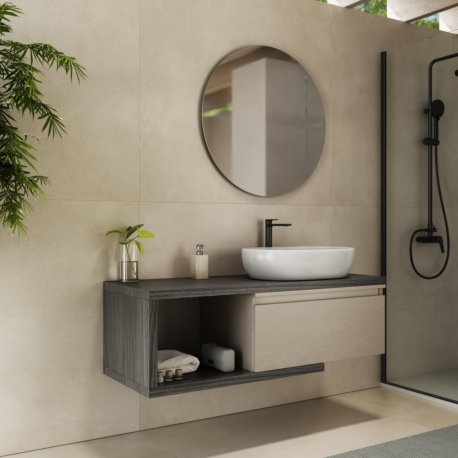 Mobile bagno sospeso 120 cm rovere grigio con cassettone argilla e specchio - Balik
