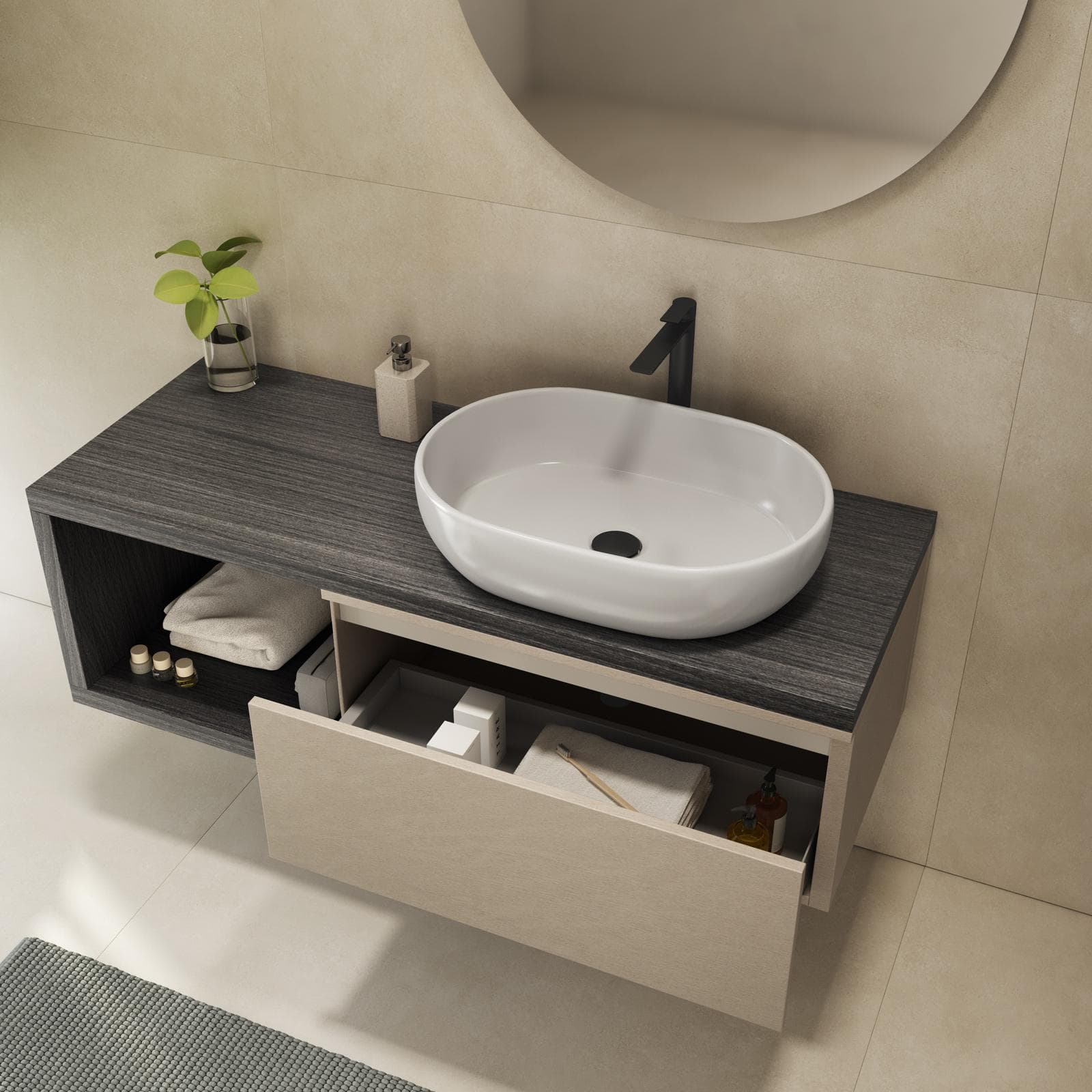 Mobile bagno sospeso 120 cm rovere grigio con cassettone argilla e specchio - Balik