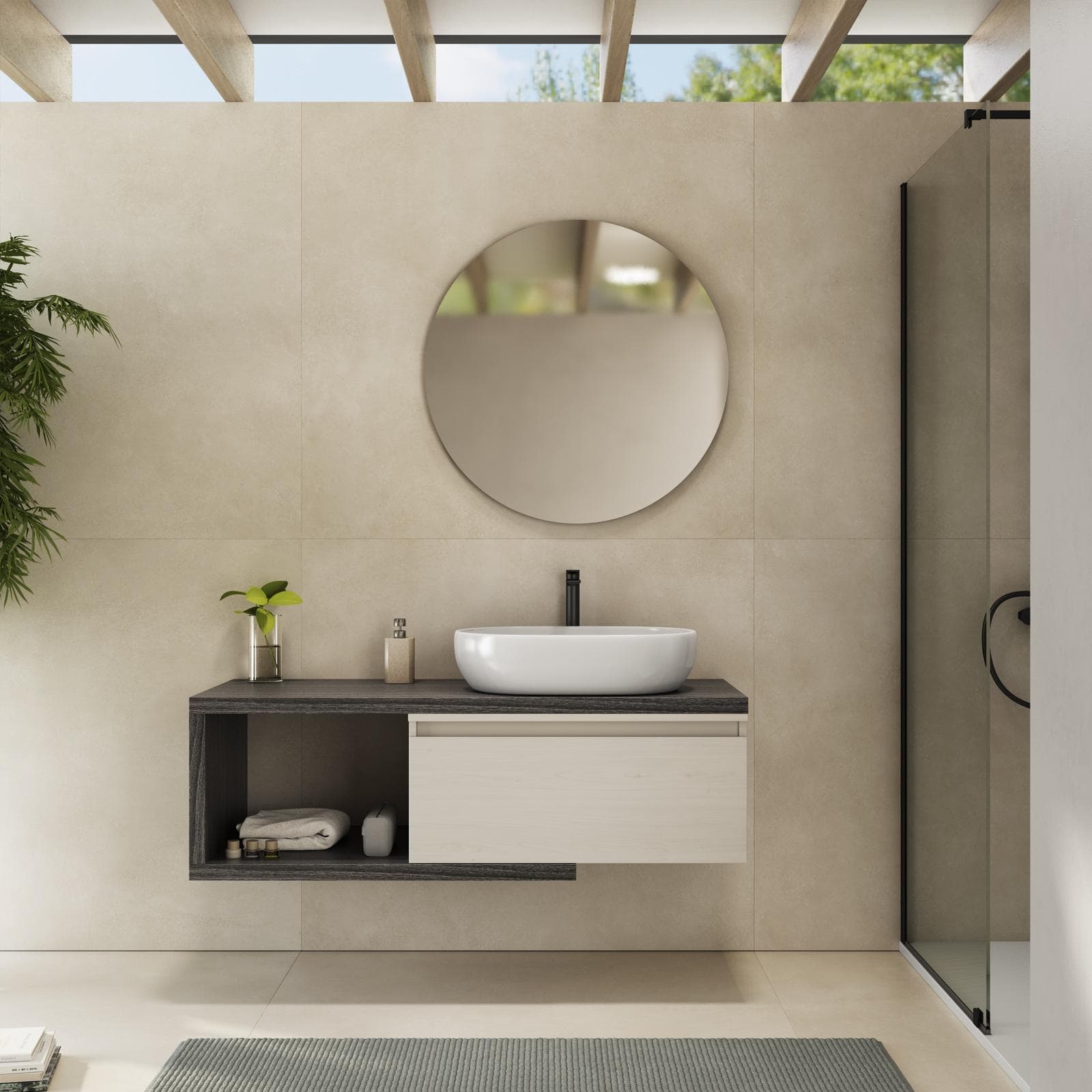 Mobile bagno sospeso 120 cm rovere grigio con cassettone rovere bianco e specchio - Balik