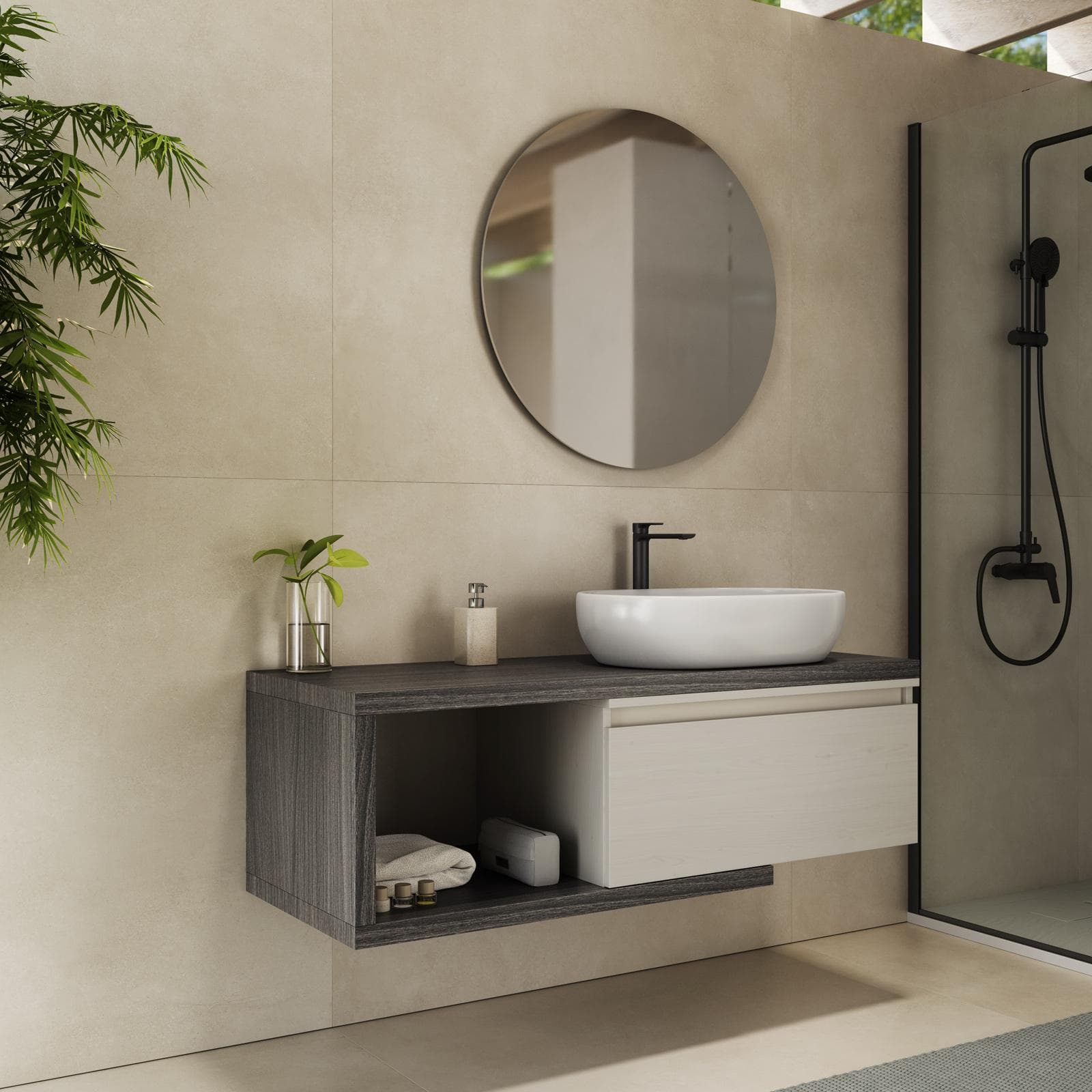Mobile bagno sospeso 120 cm rovere grigio con cassettone rovere bianco e specchio - Balik