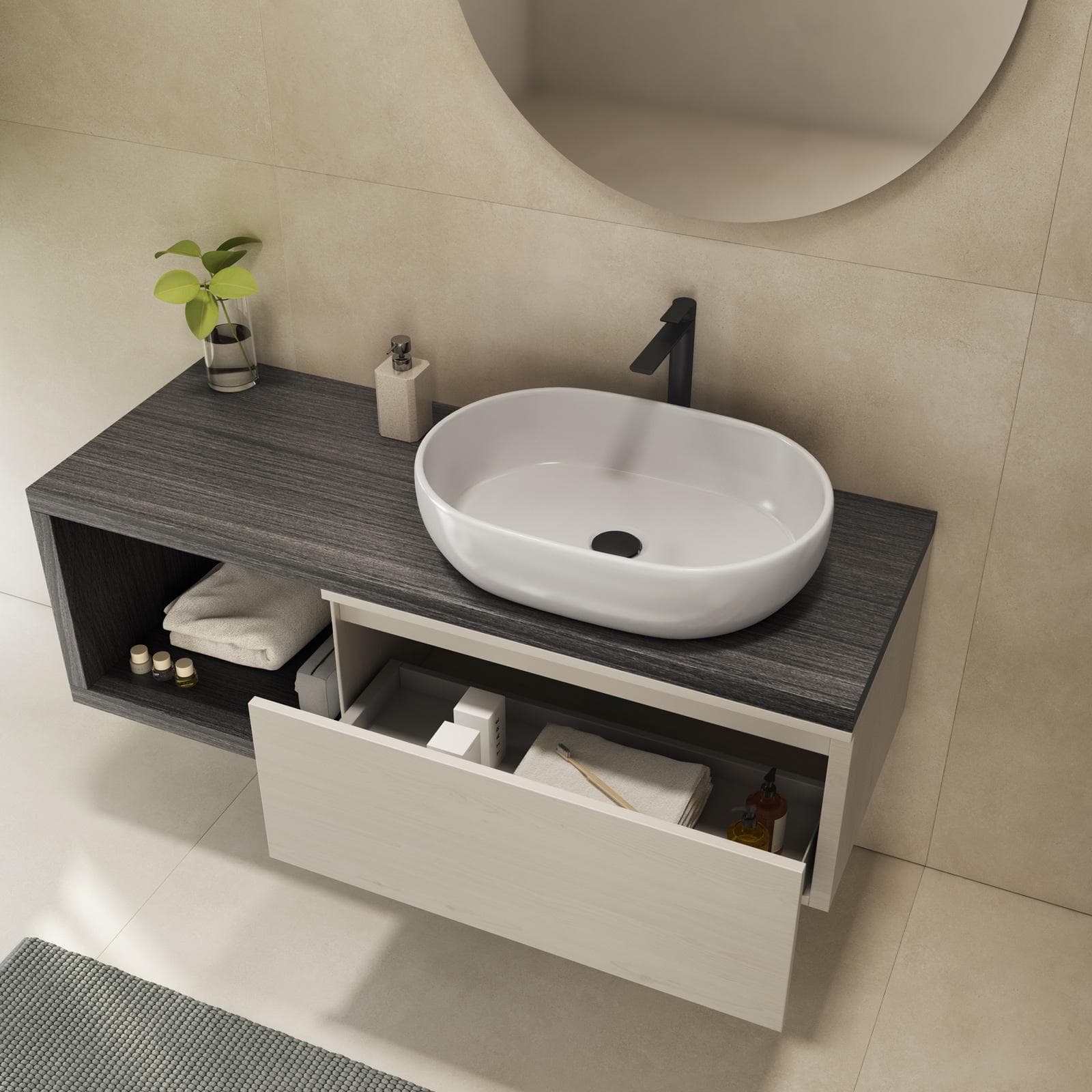 Mobile bagno sospeso 120 cm rovere grigio con cassettone rovere bianco e specchio - Balik