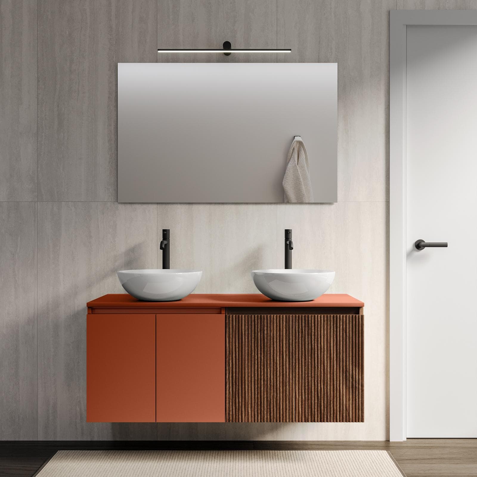 Mobile bagno sospeso 120 cm terracotta e rovere deciso cannettato con top e specchio - Neko