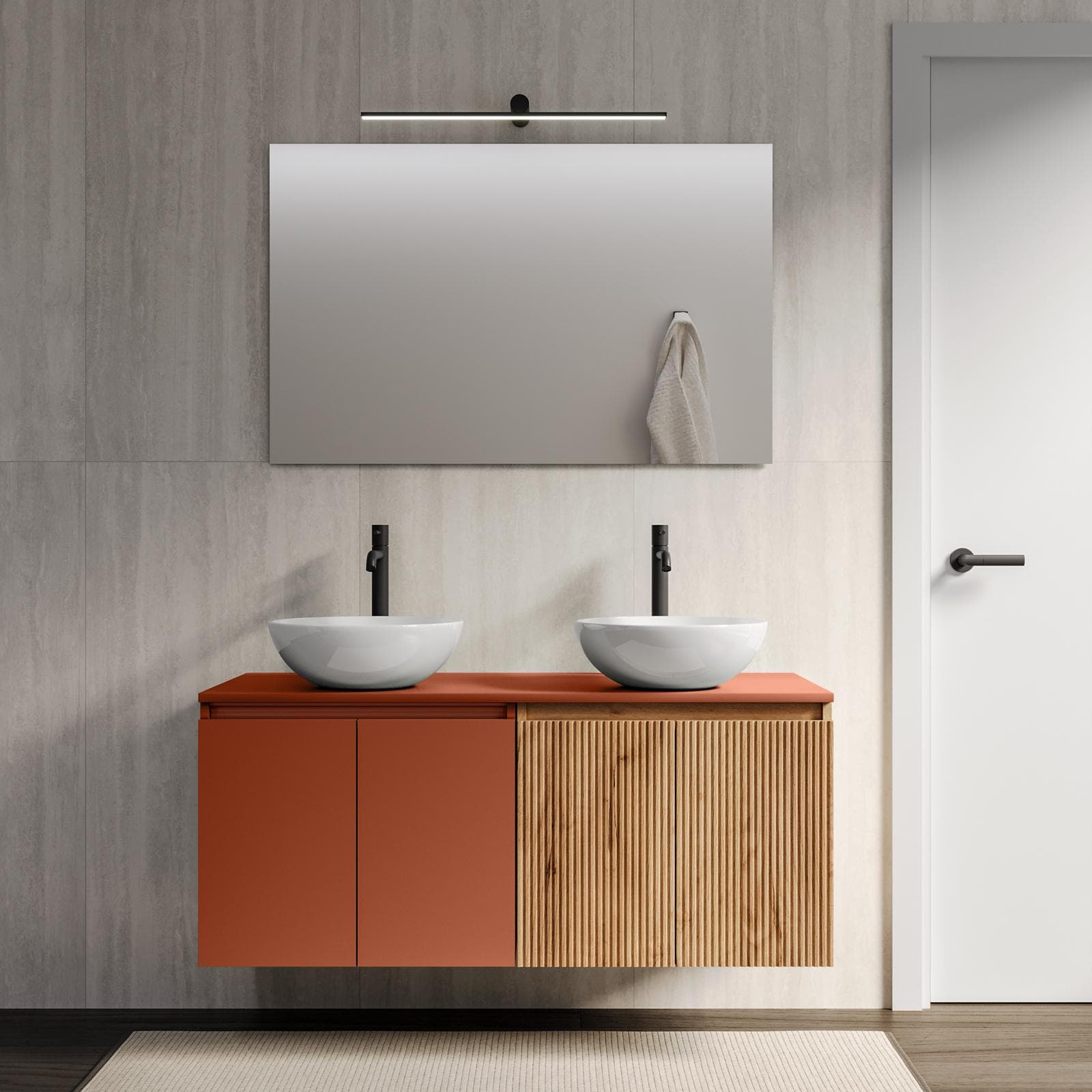 Mobile bagno sospeso 120 cm terracotta e rovere gold cannettato con top e specchio - Neko