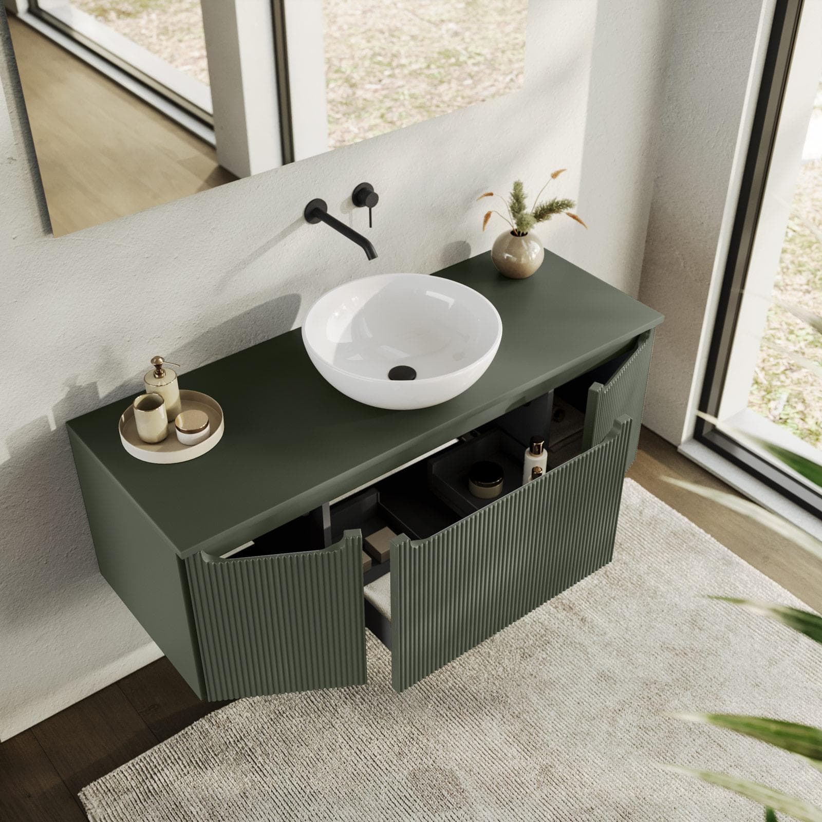 Mobile bagno sospeso 120 cm verde cemento cannettato con top e specchio - Konai