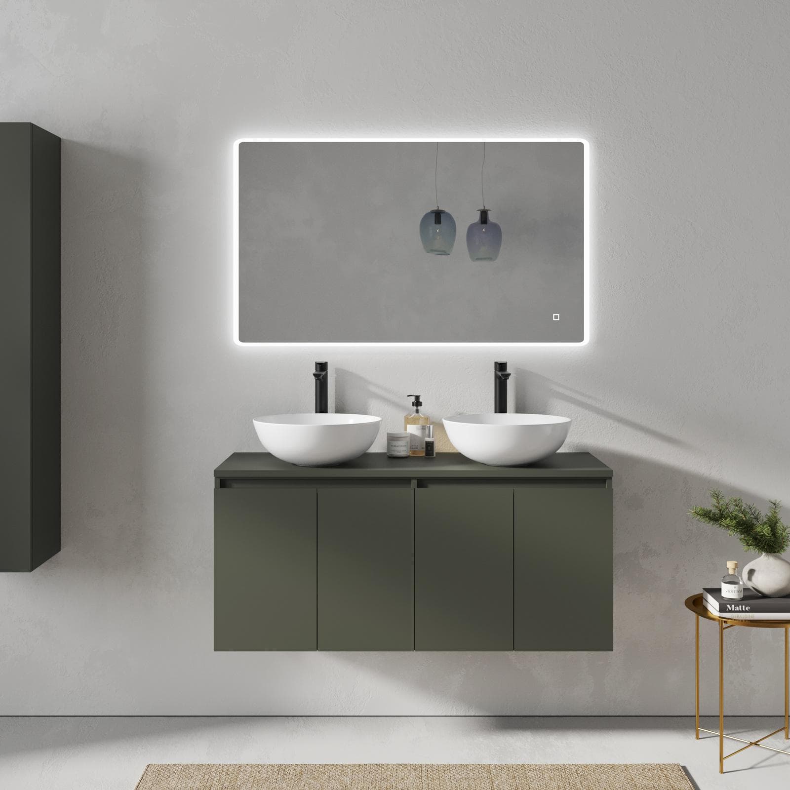 Mobile bagno sospeso 120 cm verde cemento con ante e top con specchio - Cuki