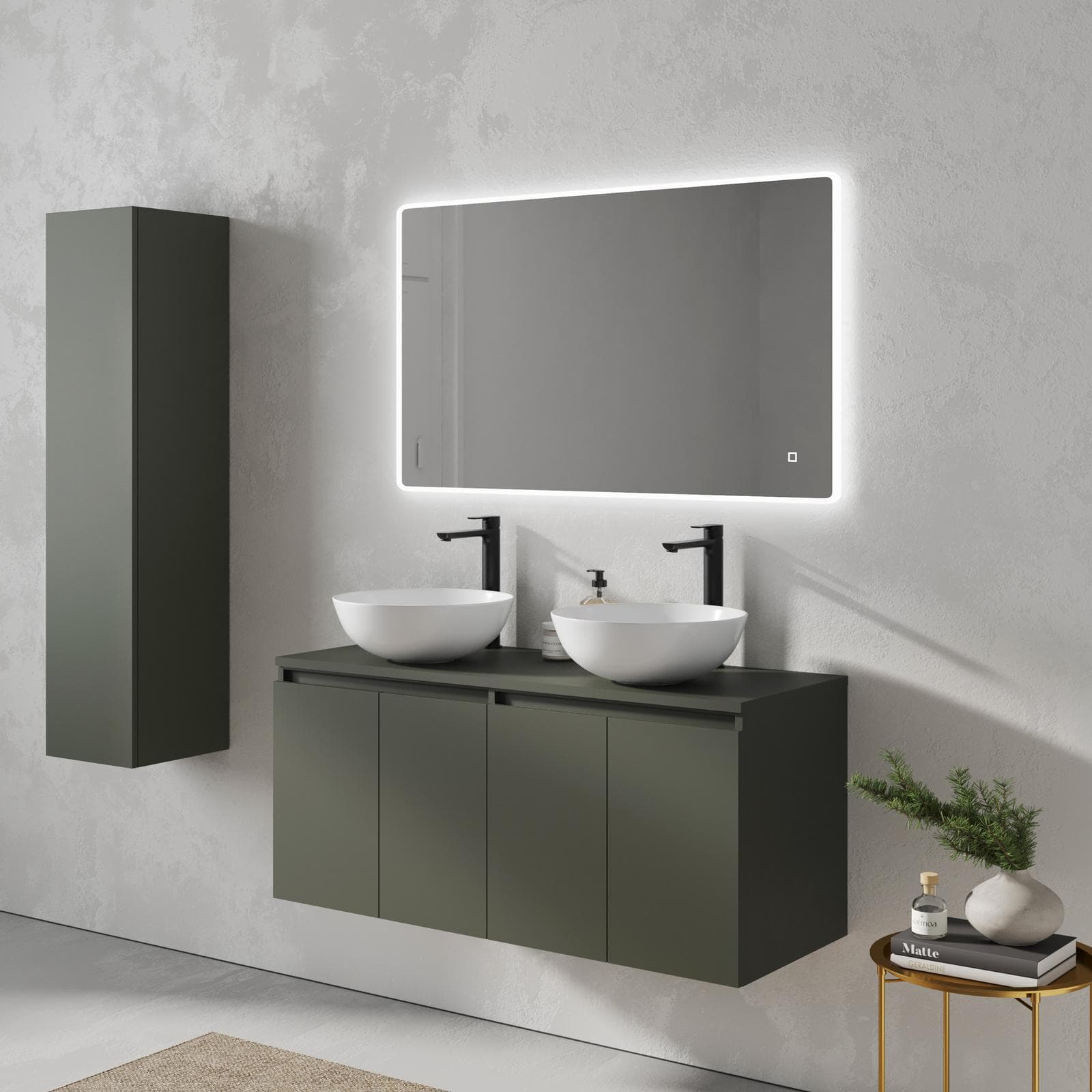 Mobile bagno sospeso 120 cm verde cemento con ante e top con specchio - Cuki