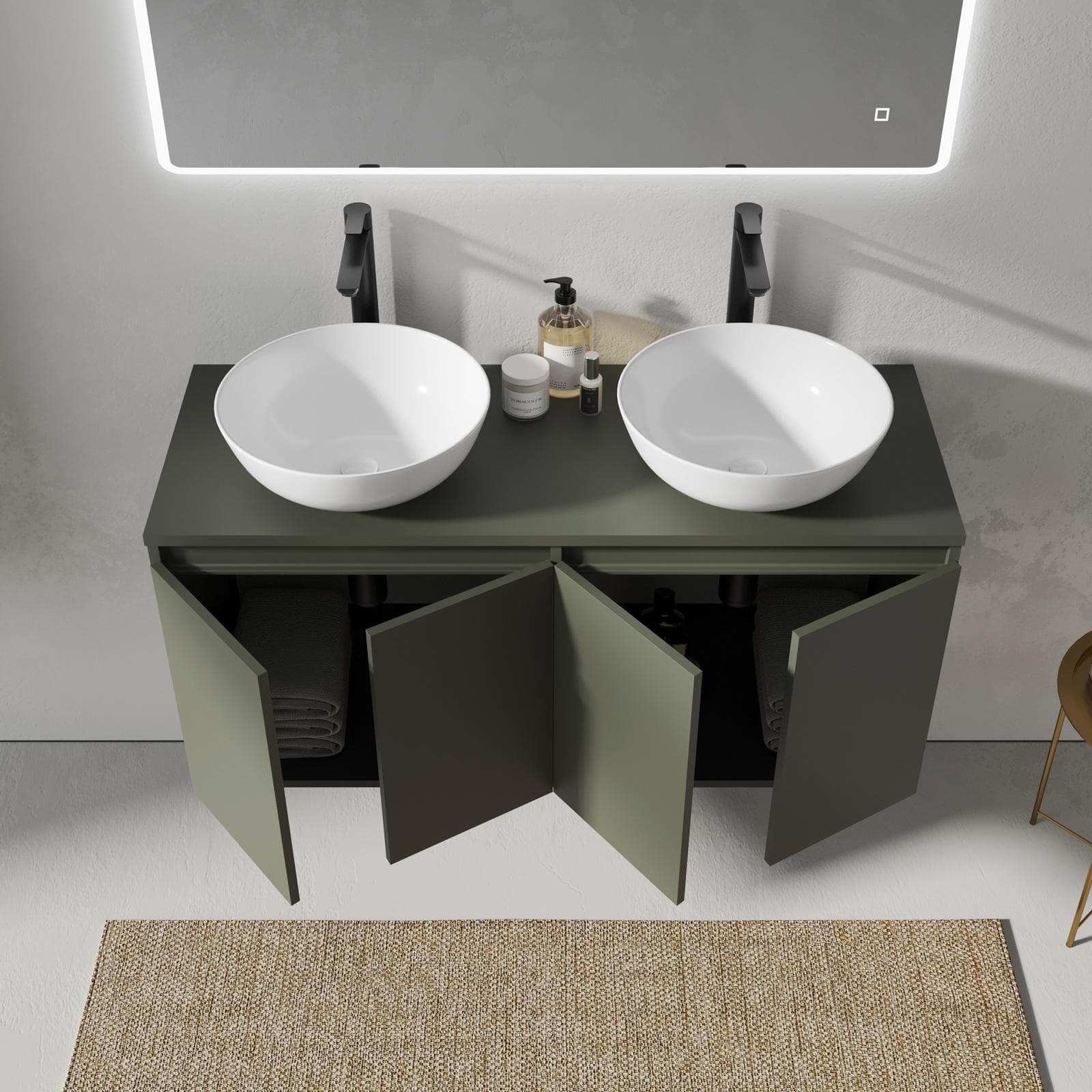 Mobile bagno sospeso 120 cm verde cemento con ante e top con specchio - Cuki