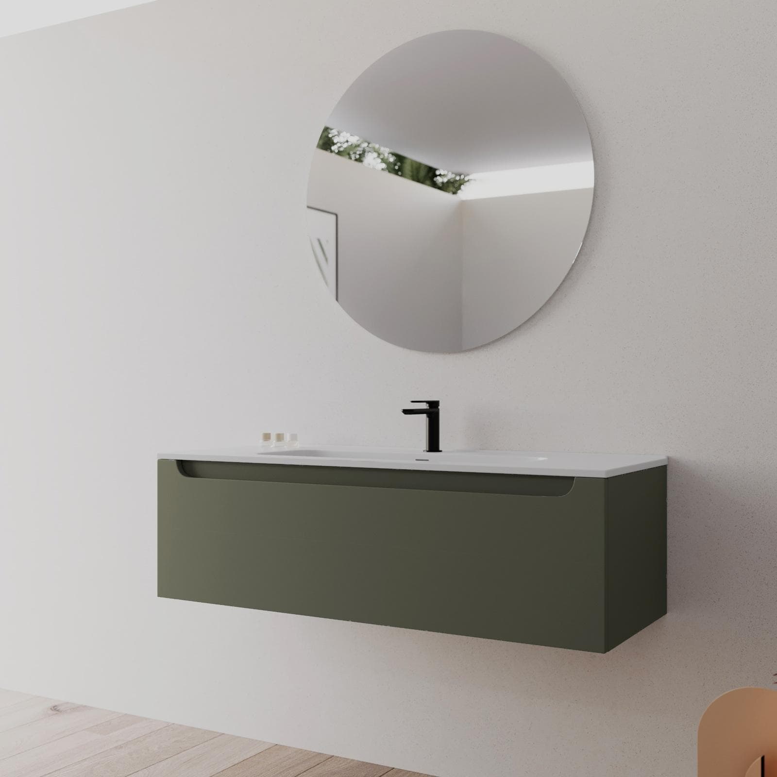 Mobile bagno sospeso 120 cm verde cemento con lavabo integrato e specchio - Sleek