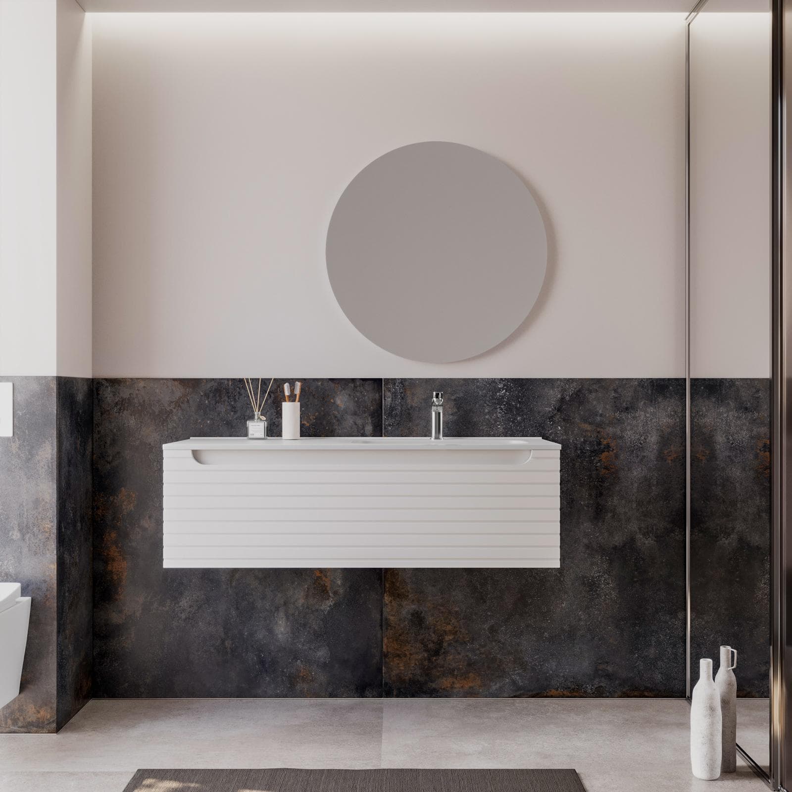 Mobile bagno sospeso 120 cm bianco opaco cannettato con lavabo dx e specchio - Deck