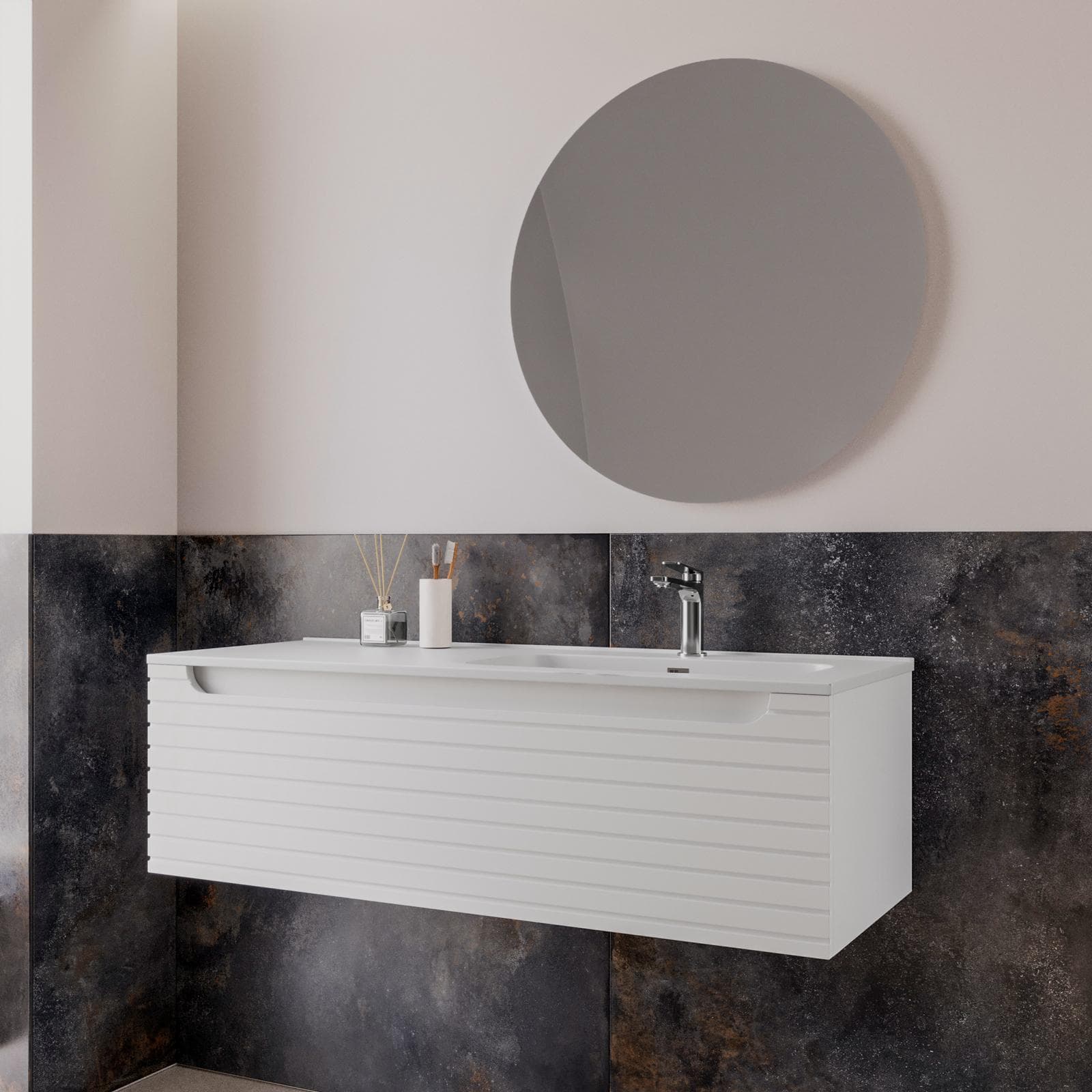 Mobile bagno sospeso 120 cm bianco opaco cannettato con lavabo dx e specchio - Deck