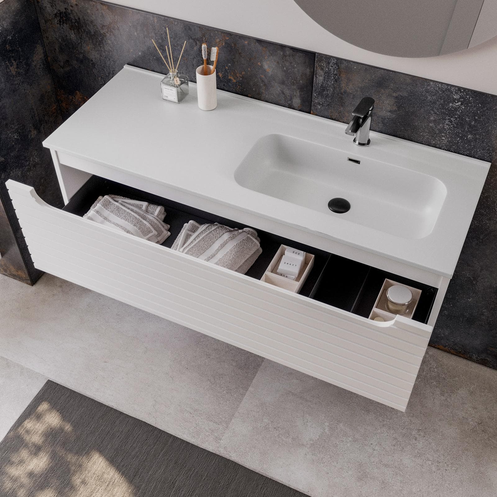 Mobile bagno sospeso 120 cm bianco opaco cannettato con lavabo dx e specchio - Deck