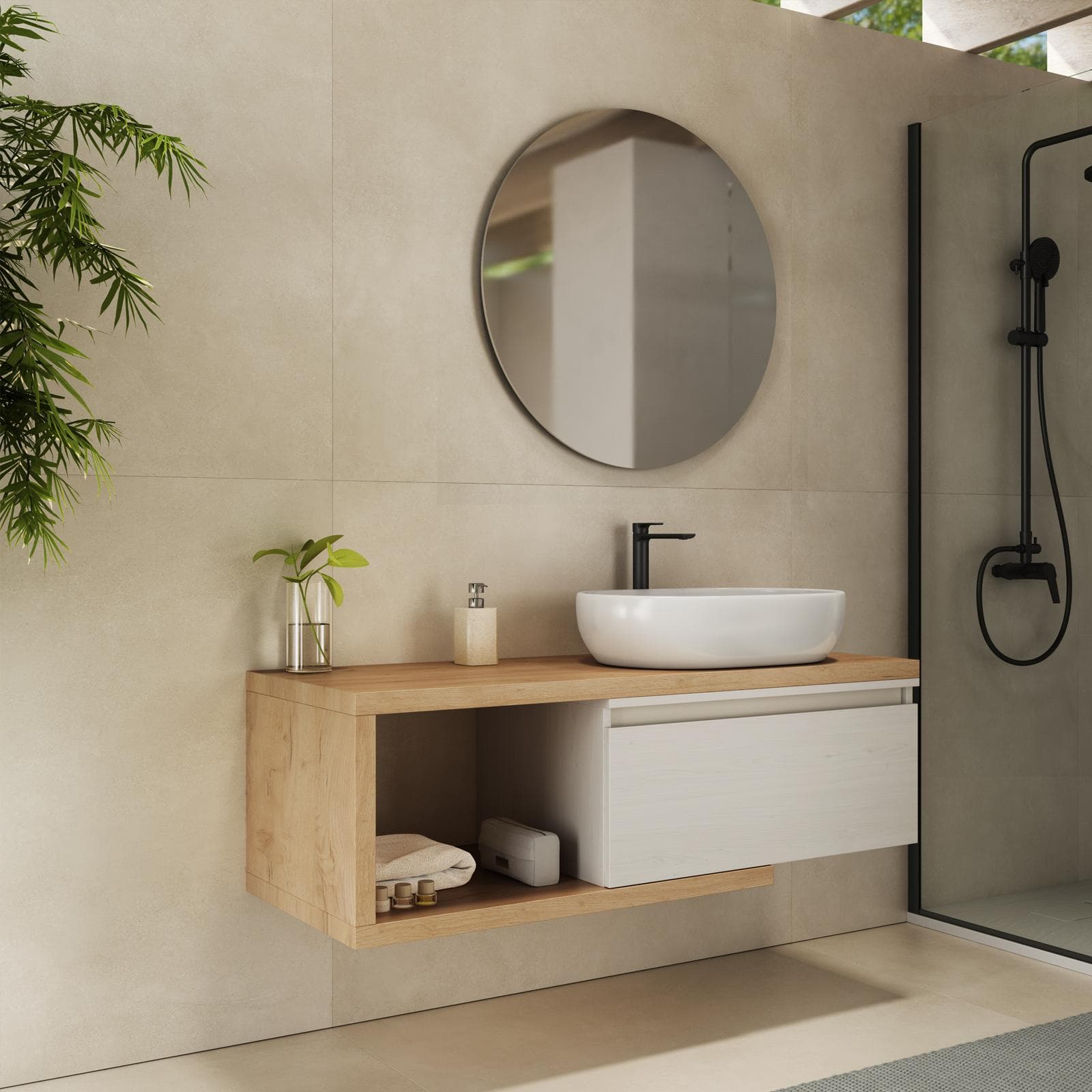 Mobile bagno sospeso 130 cm rovere gold con cassettone rovere bianco e specchio - Balik