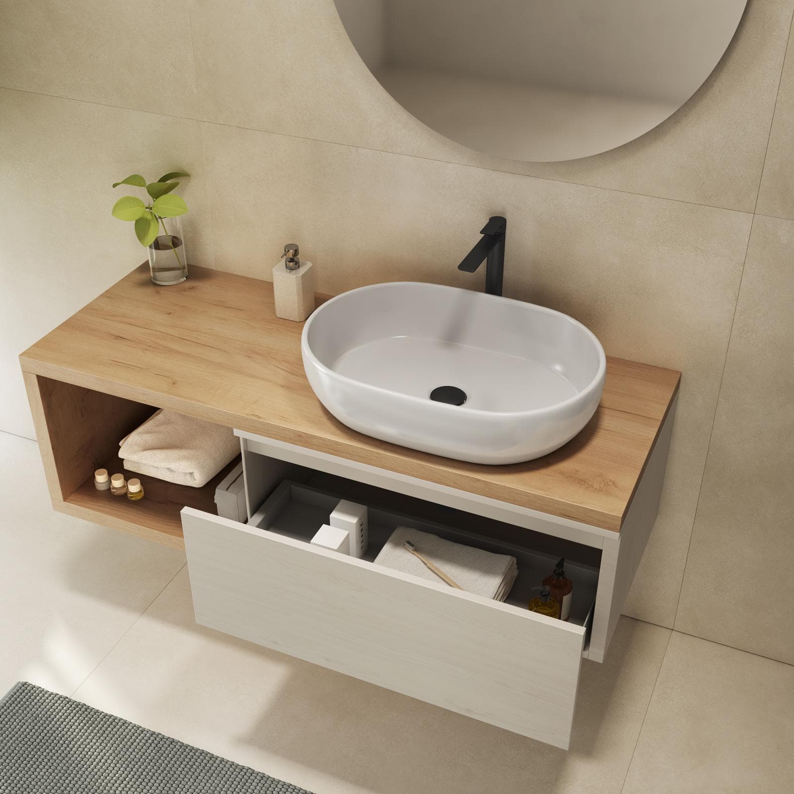 Mobile bagno sospeso 130 cm rovere gold con cassettone rovere bianco e specchio - Balik