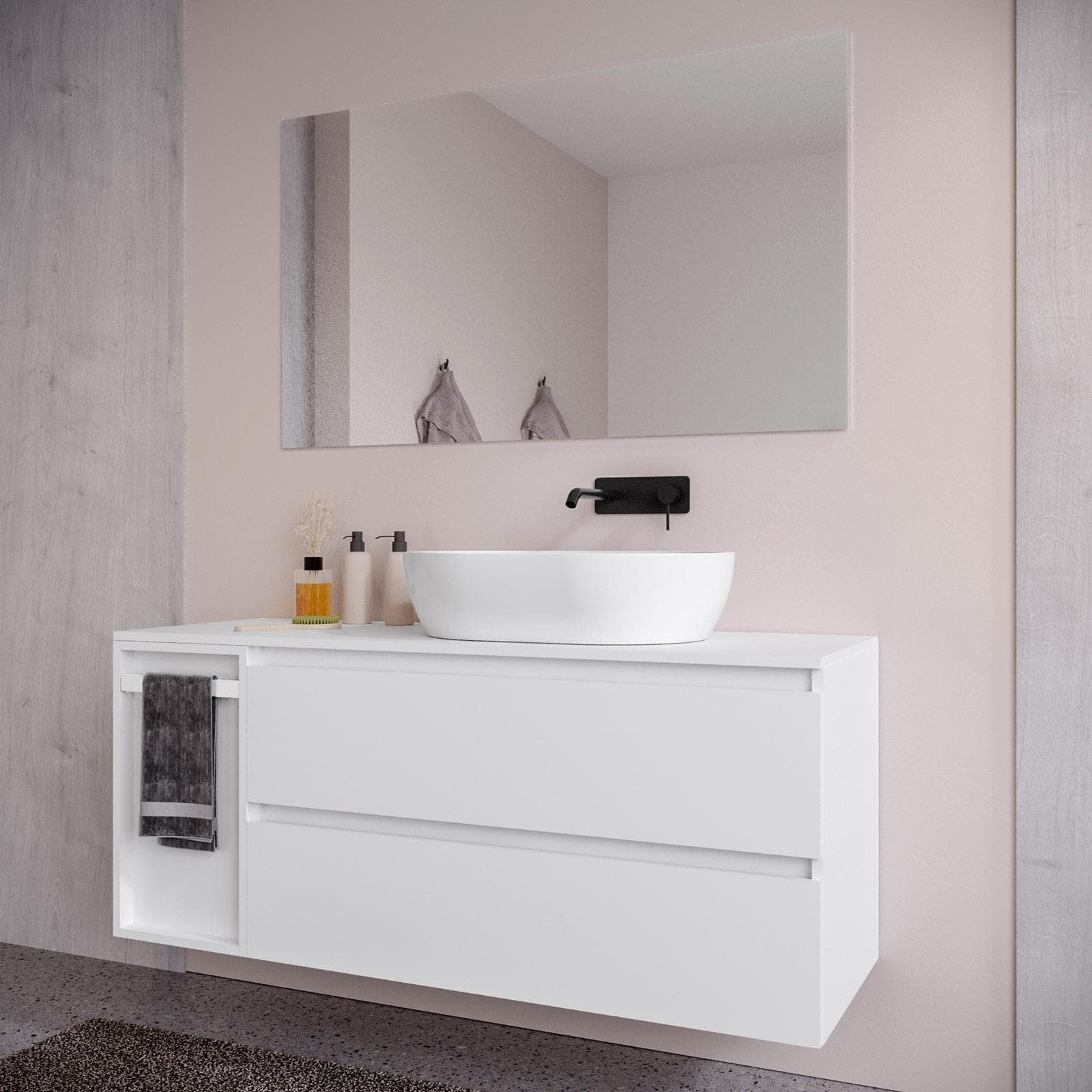 Mobile bagno sospeso 130 cm white satinato con toletta reversibile e top con specchio - Anami