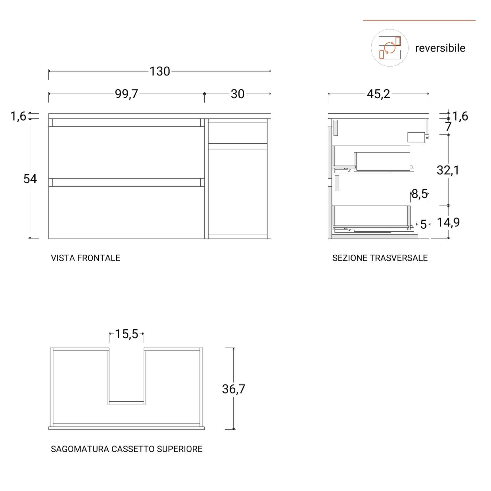 Mobile bagno sospeso 130 cm white satinato con toletta reversibile e top con specchio - Anami