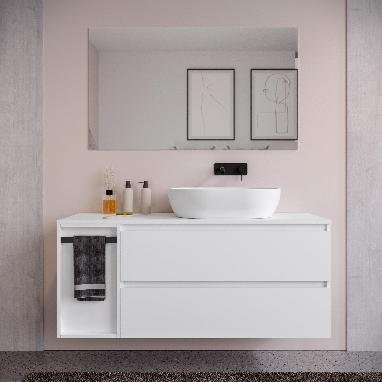 Mobile bagno sospeso 130 cm white satinato con top e toletta reversibile con specchio - Anami