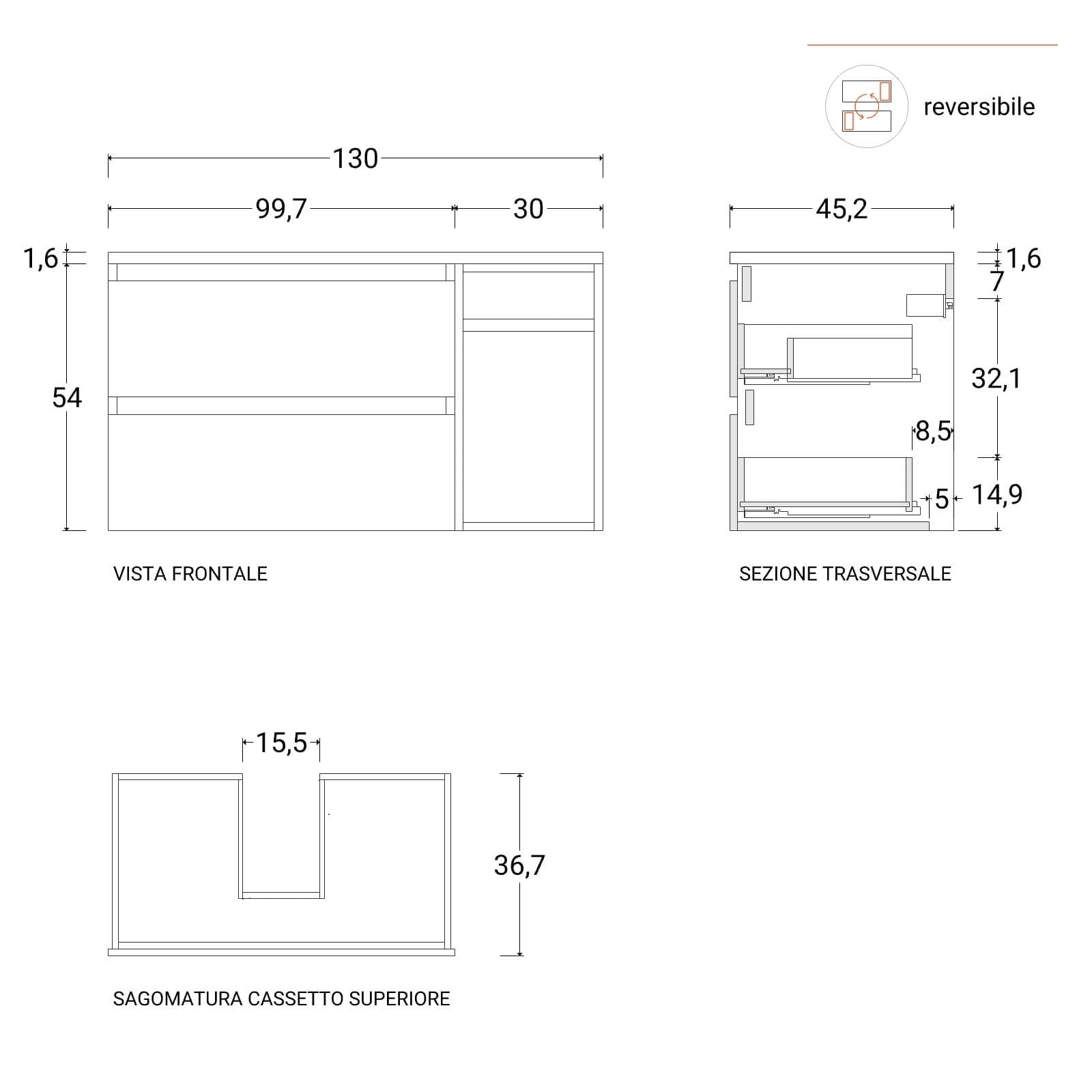Mobile bagno sospeso 130 cm white satinato con top e toletta reversibile con specchio - Anami