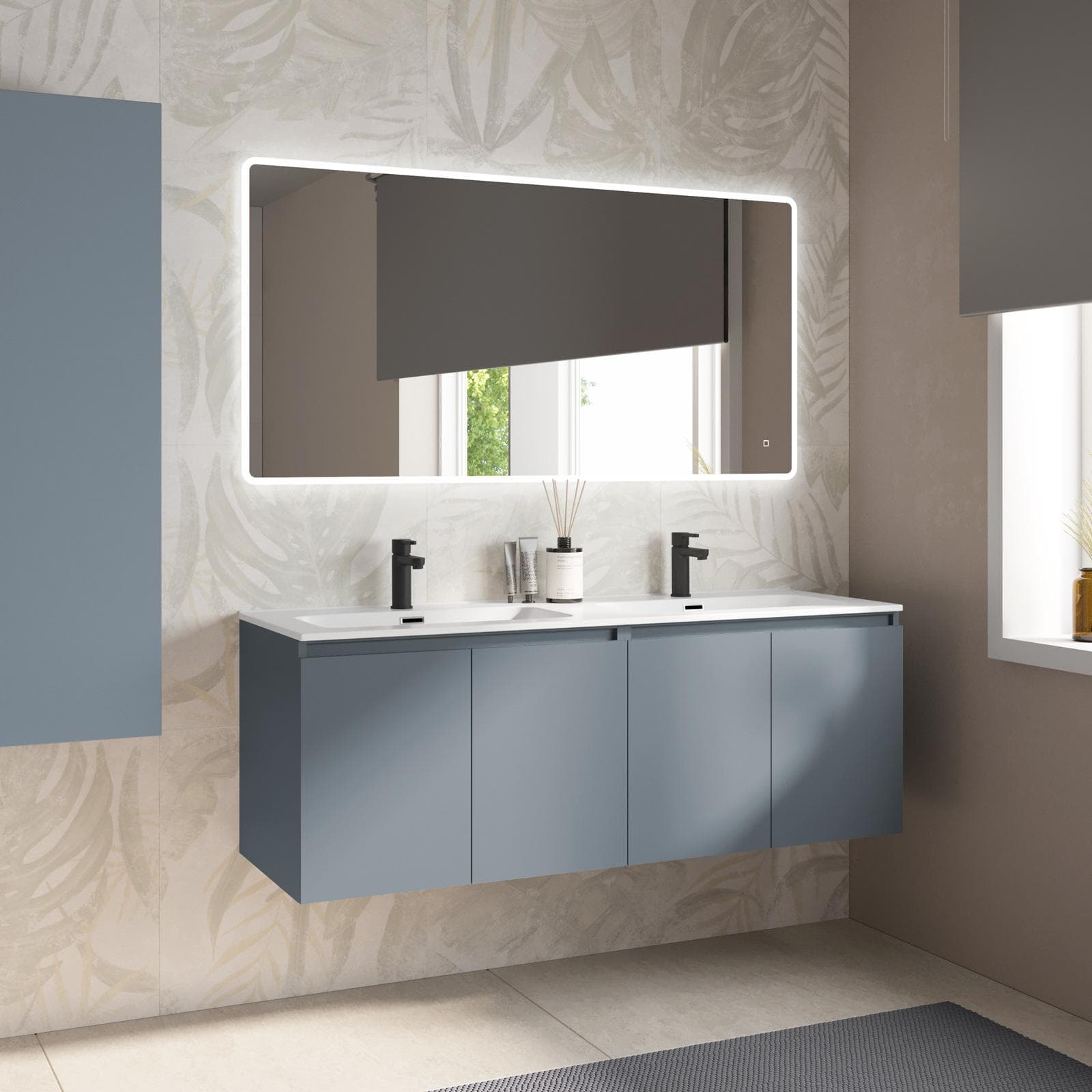 Mobile bagno sospeso 140 cm carta da zucchero con lavabo doppia vasca e specchio - Cuki