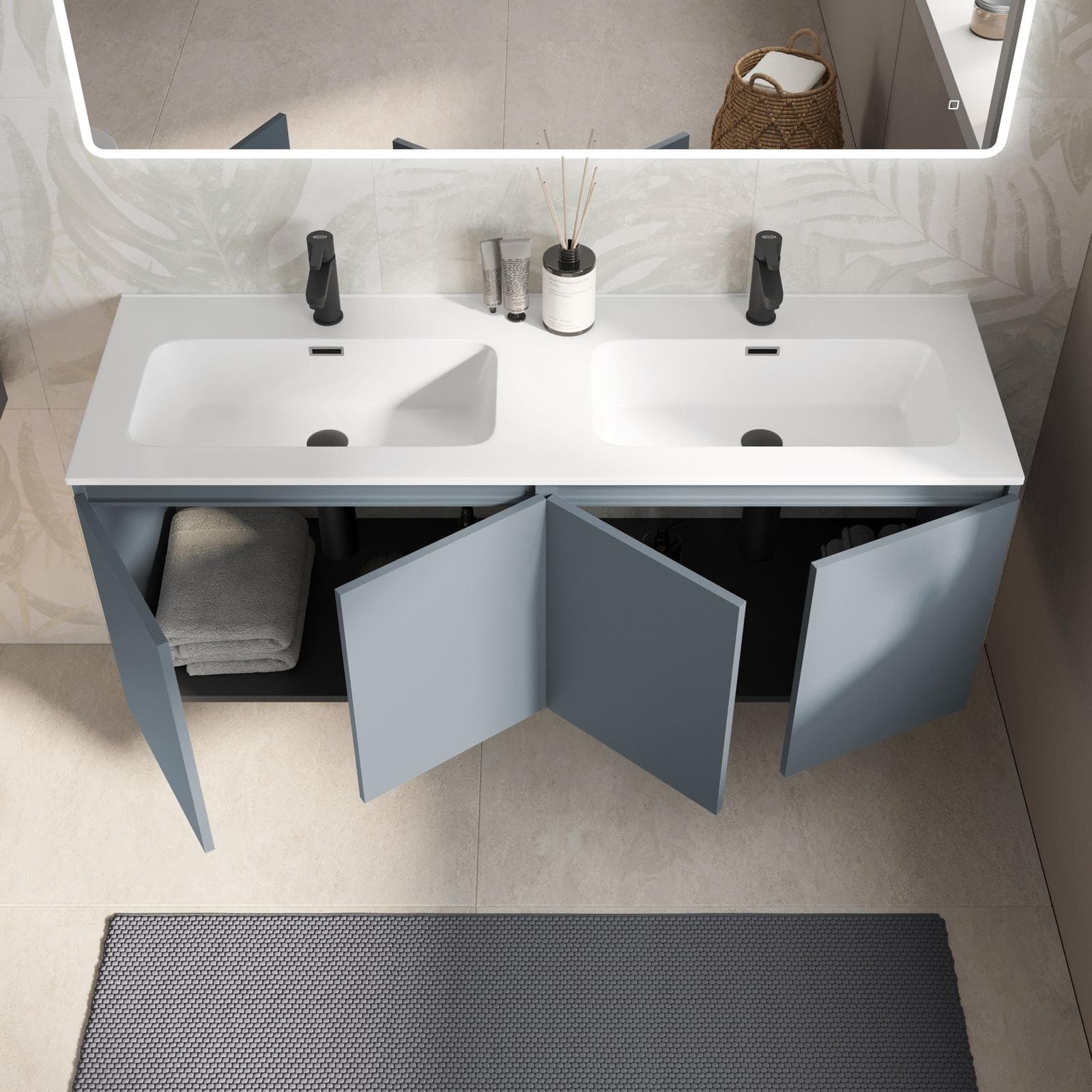 Mobile bagno sospeso 140 cm carta da zucchero con lavabo doppia vasca e specchio - Cuki
