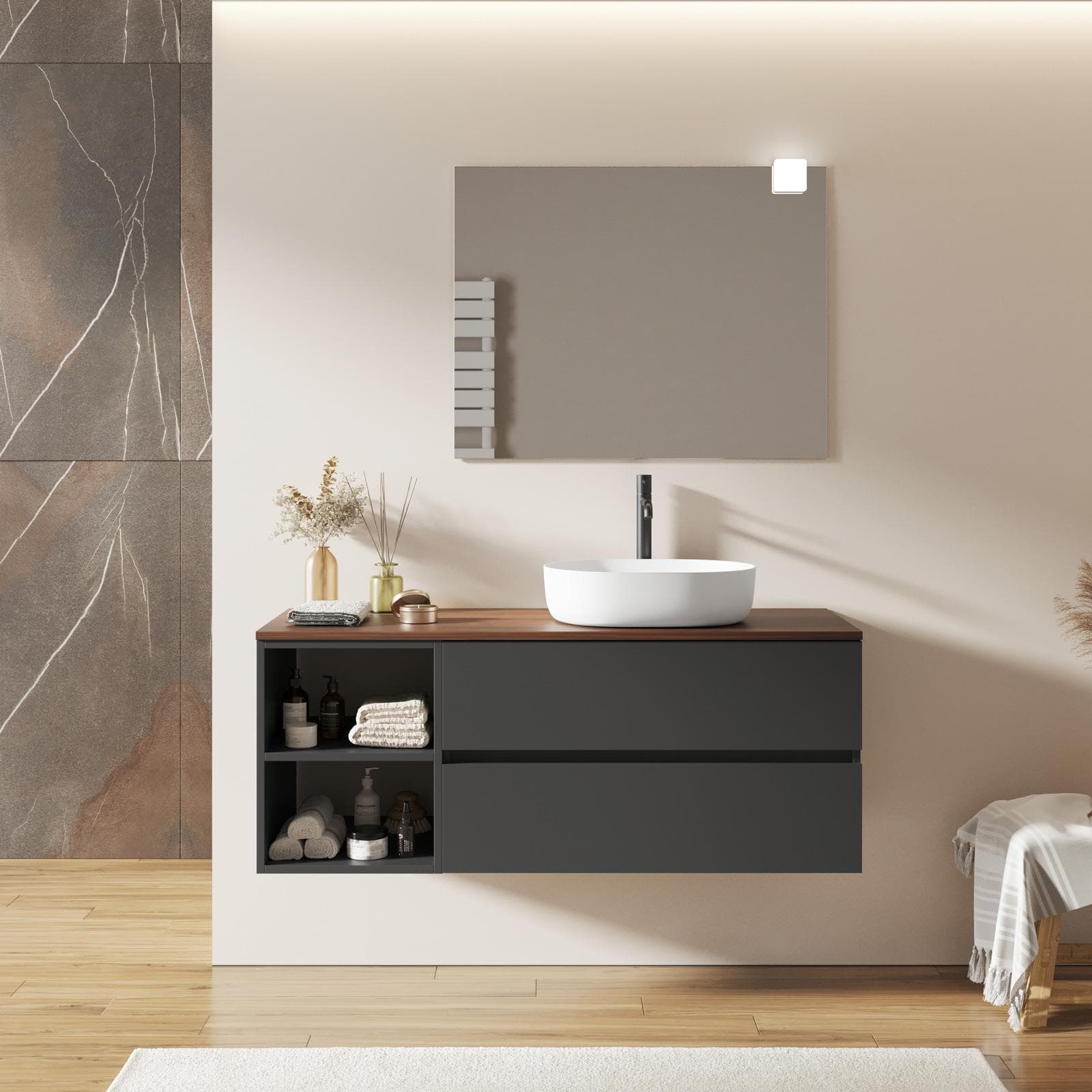 CUKI 140 CM 2 CASSETTI + VANO A GIORNO 40 CM + TOP ROVERE DECISO - ANTRACITE