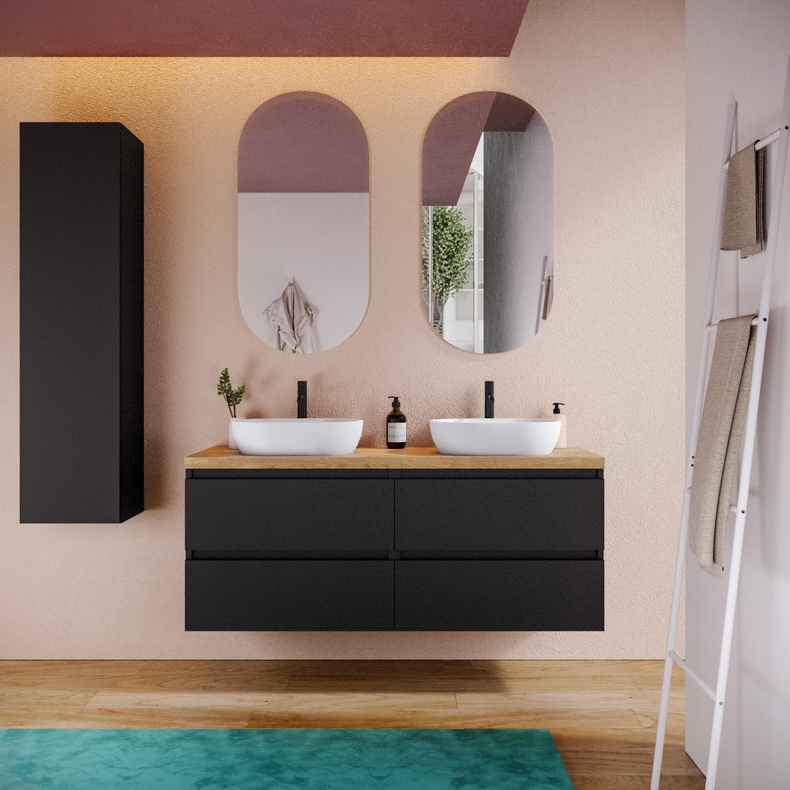 Mobile bagno sospeso 140 cm nero satinato con top rovere gold e specchio - Anami