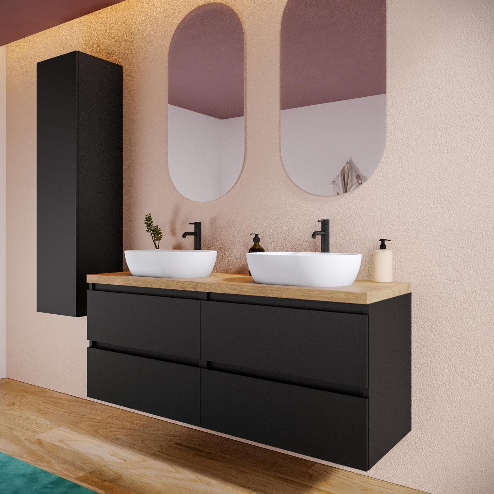 Mobile bagno sospeso 140 cm nero satinato con top rovere gold e specchio - Anami